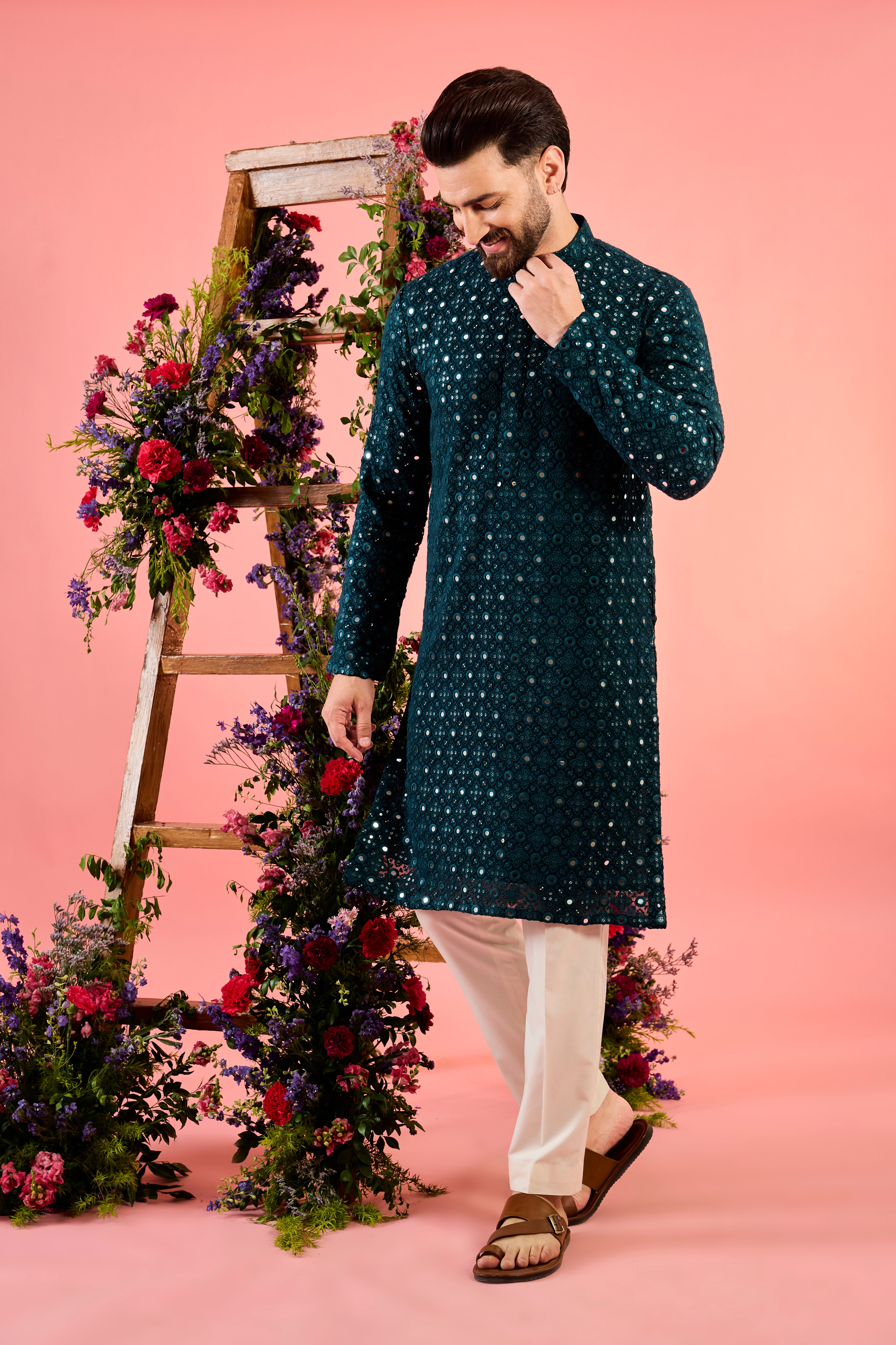 classic teal mirror work kurta