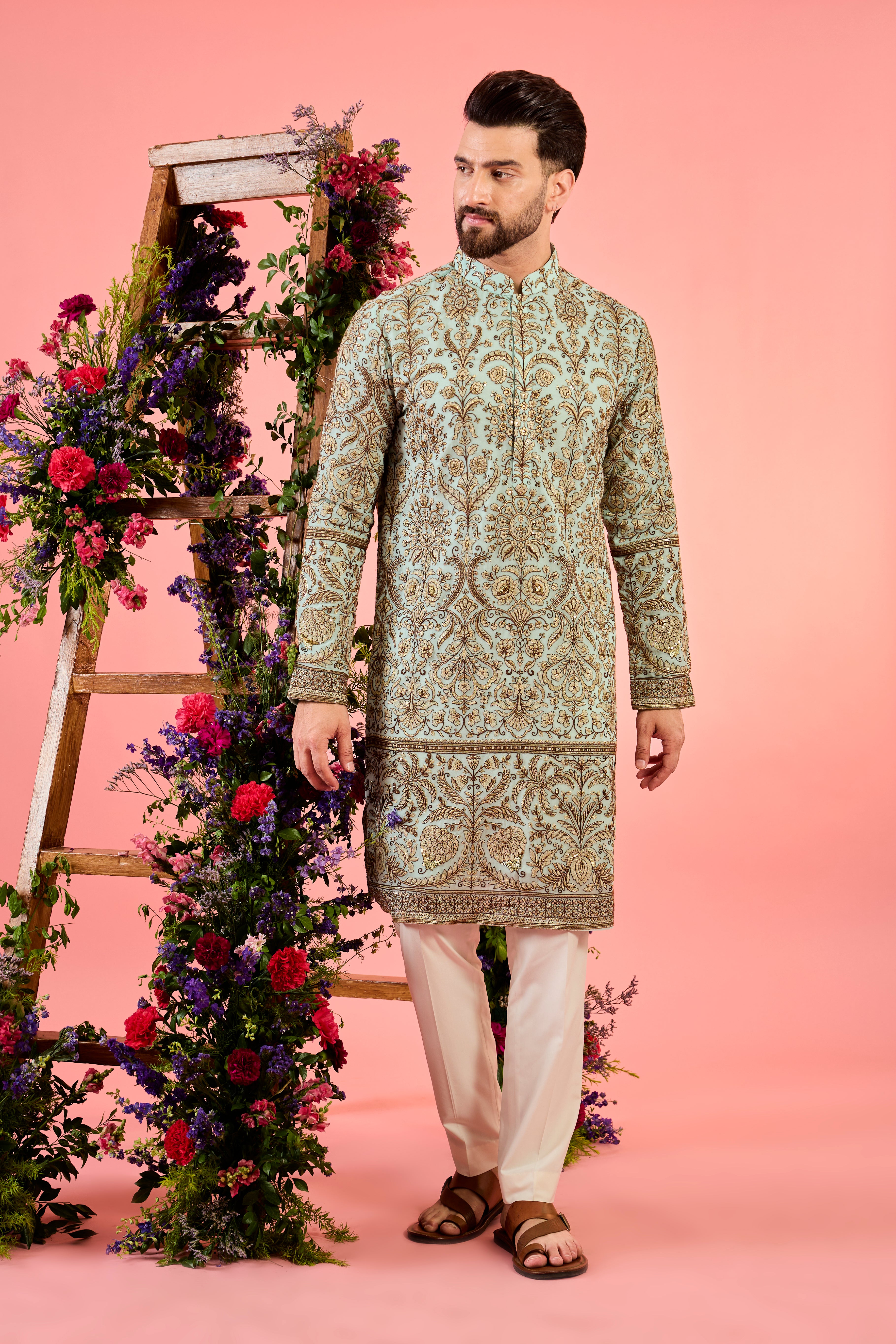 blue chikankari kurta with intricate floral zari embroidery