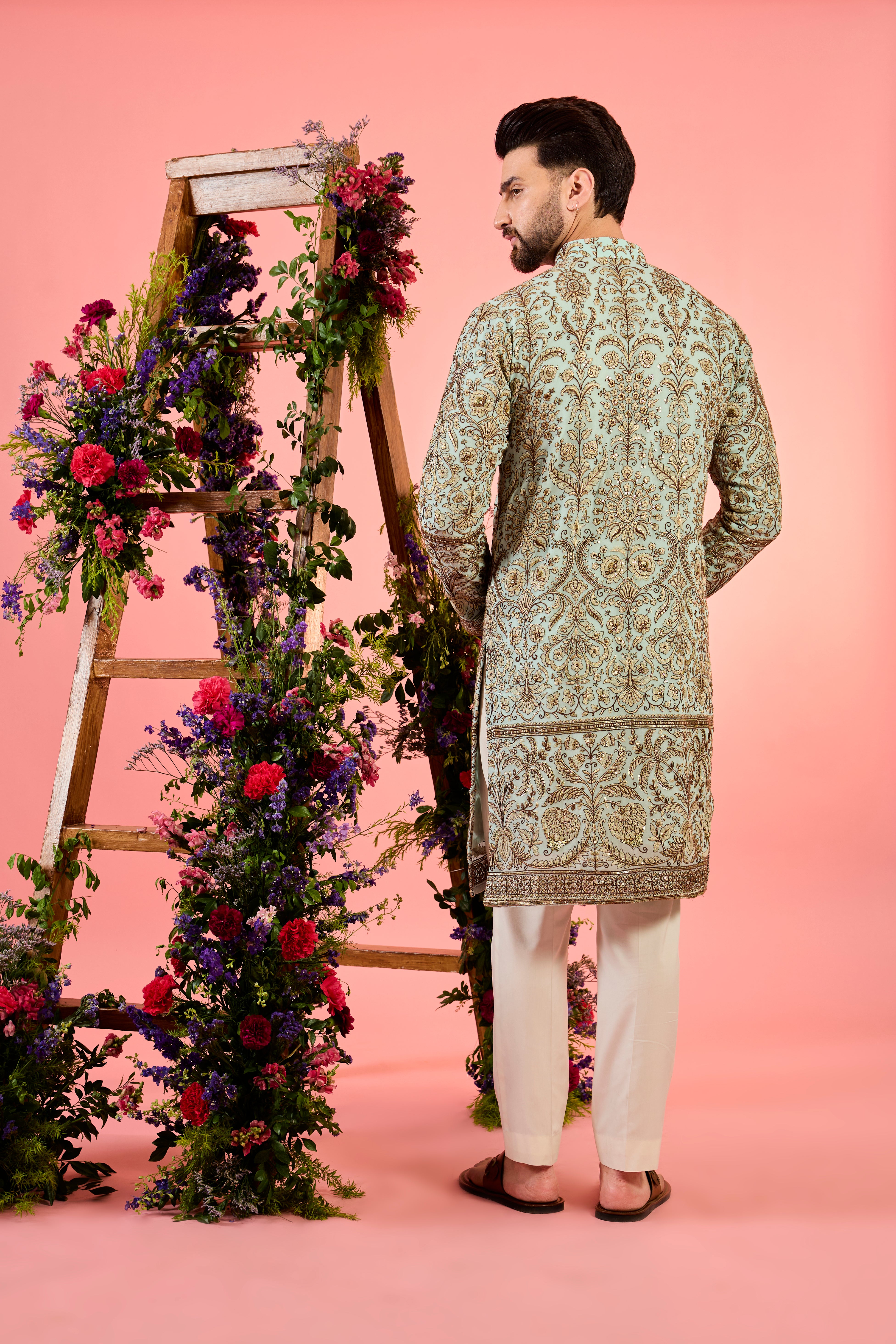 blue chikankari kurta with intricate floral zari embroidery