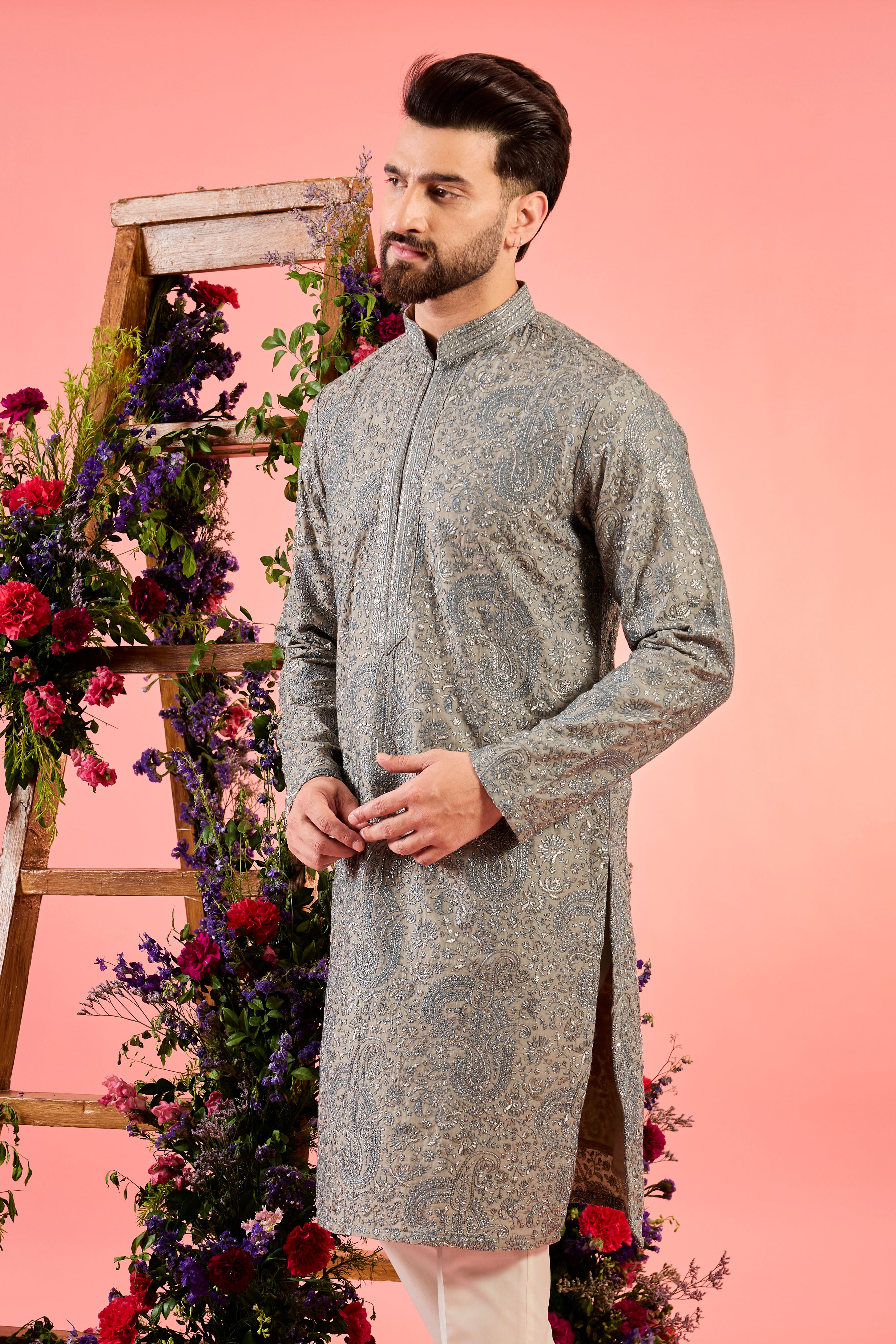 beige chikankari kurta with deialed paisley embroidery and zari work