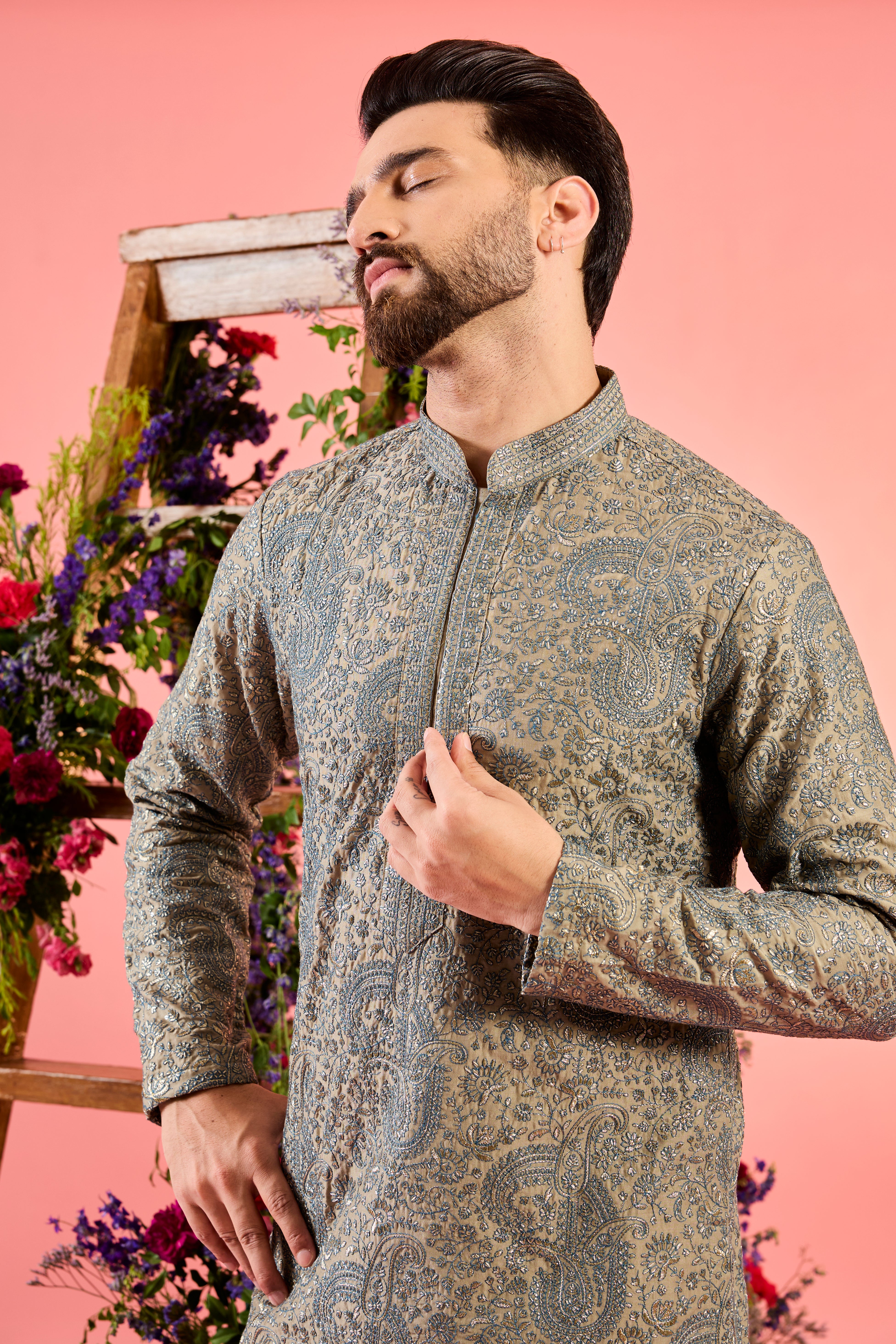 beige chikankari kurta with deialed paisley embroidery and zari work