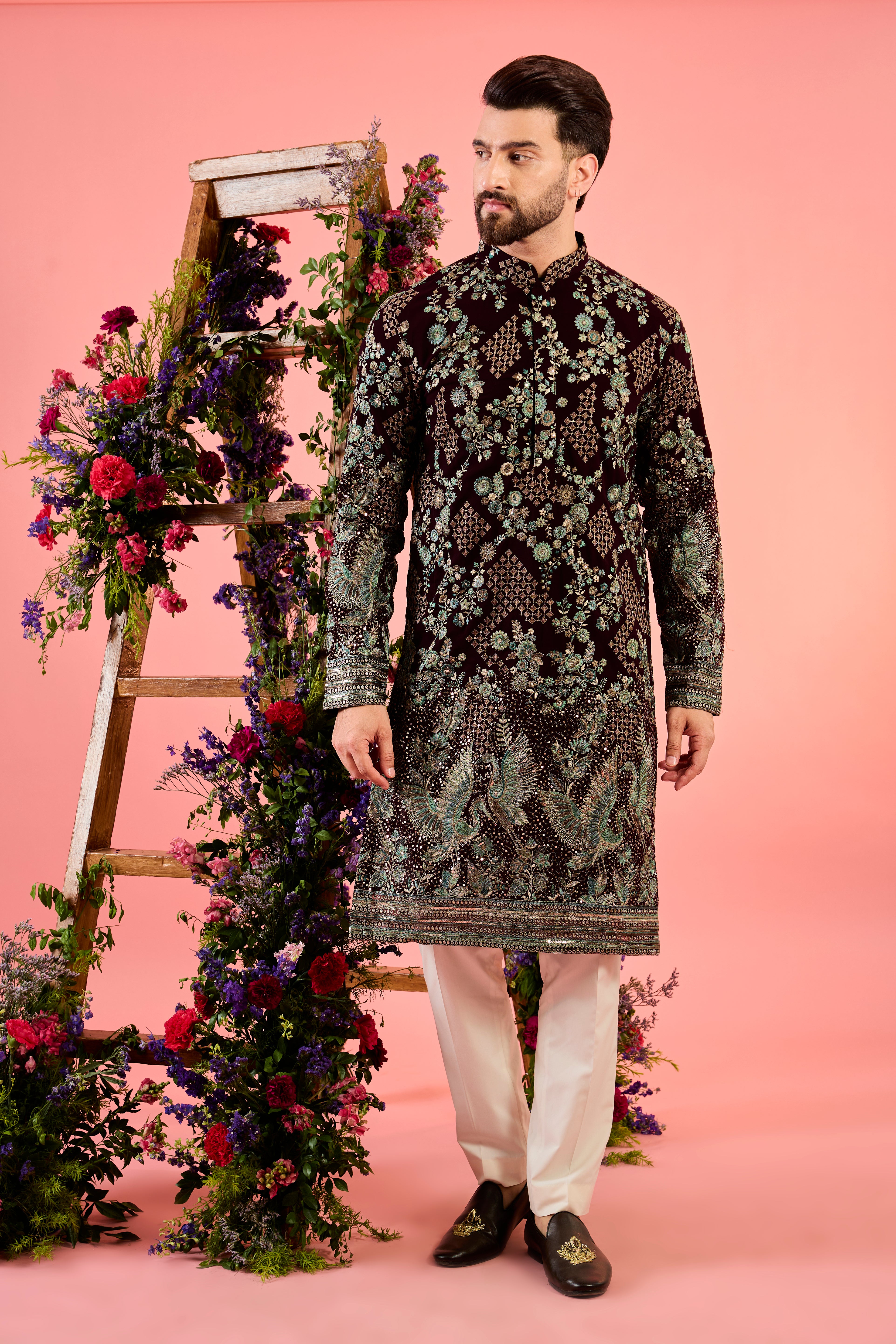 wine chikankari kurta with intricate flora and fauna embroidery