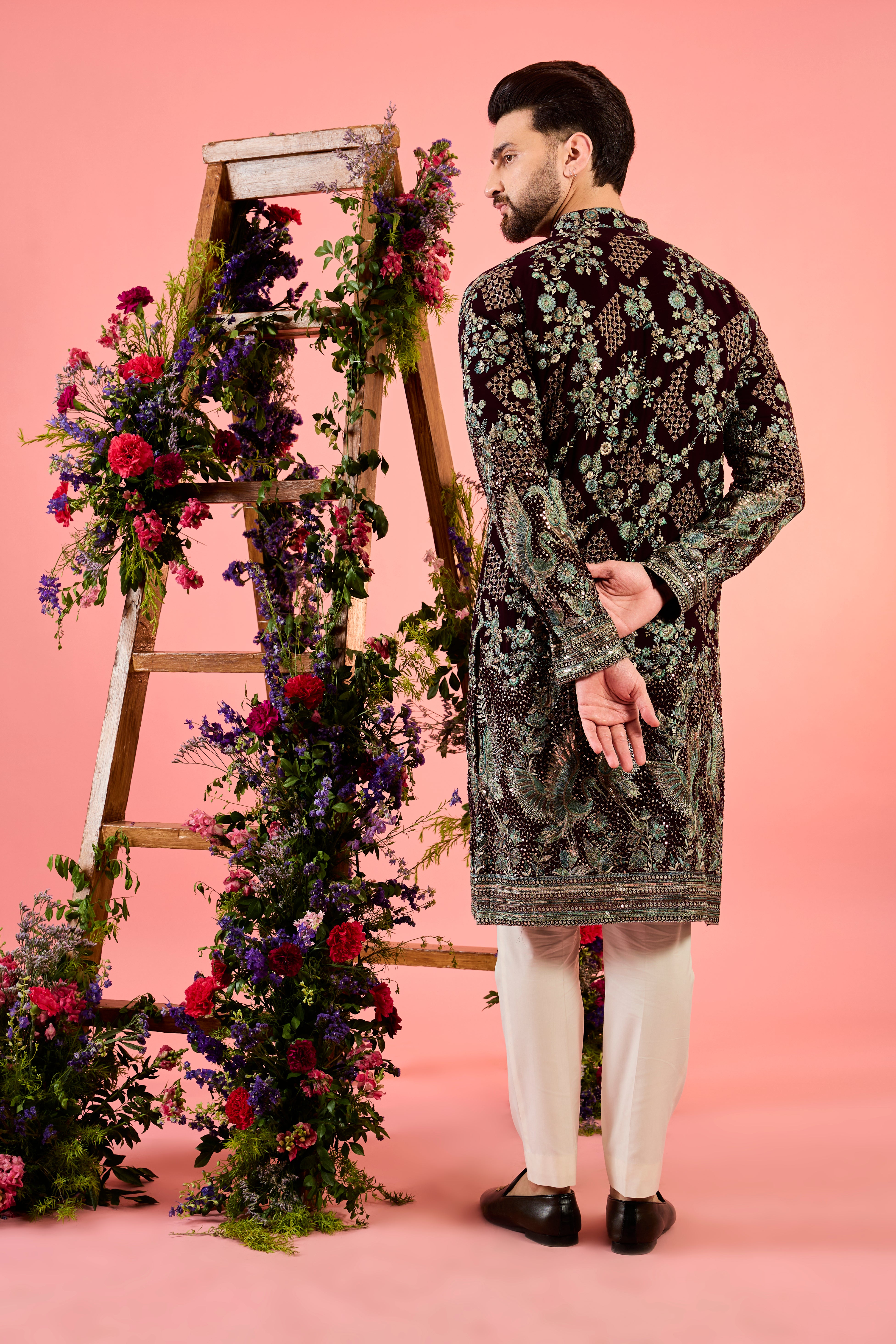 wine chikankari kurta with intricate flora and fauna embroidery