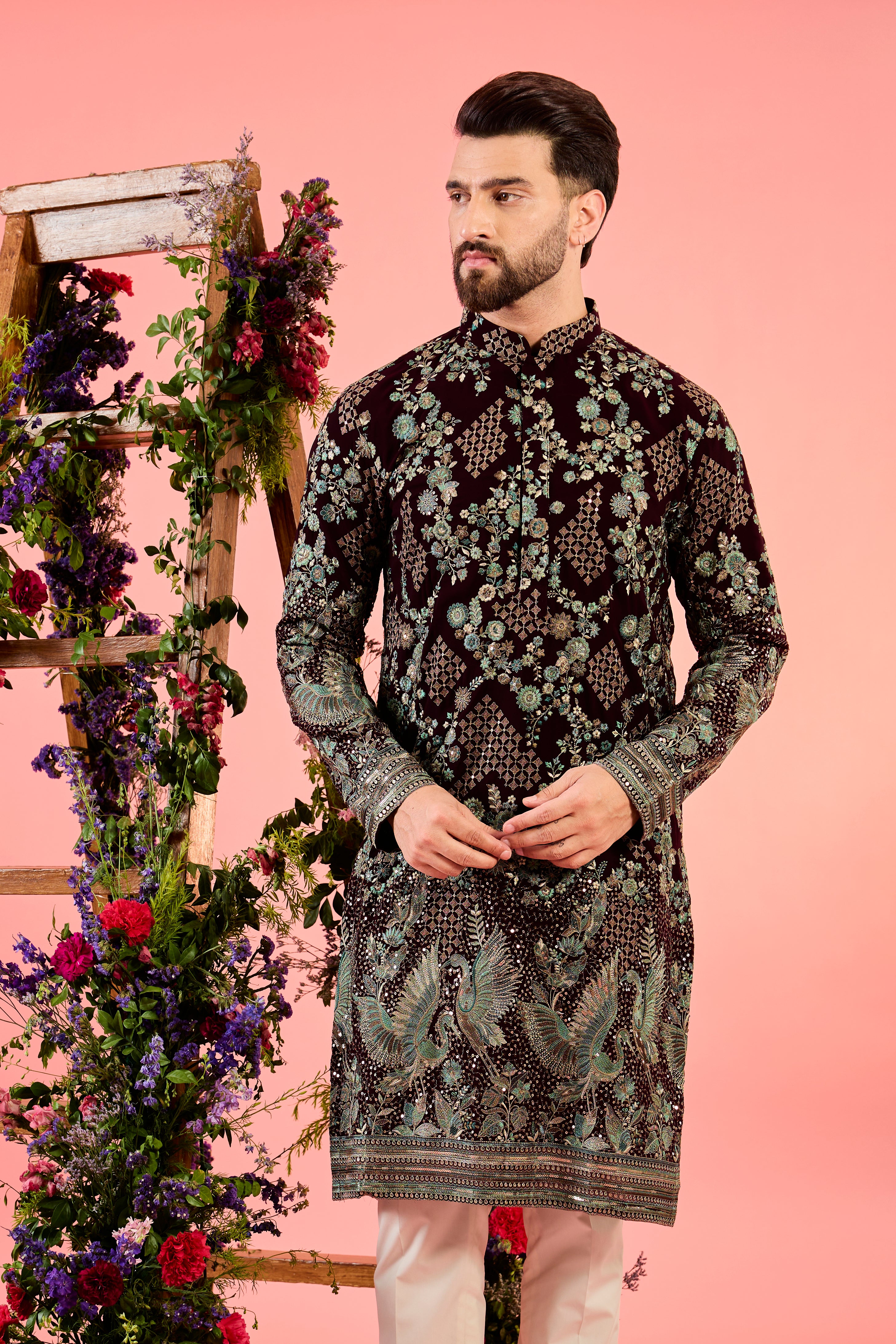 wine chikankari kurta with intricate flora and fauna embroidery