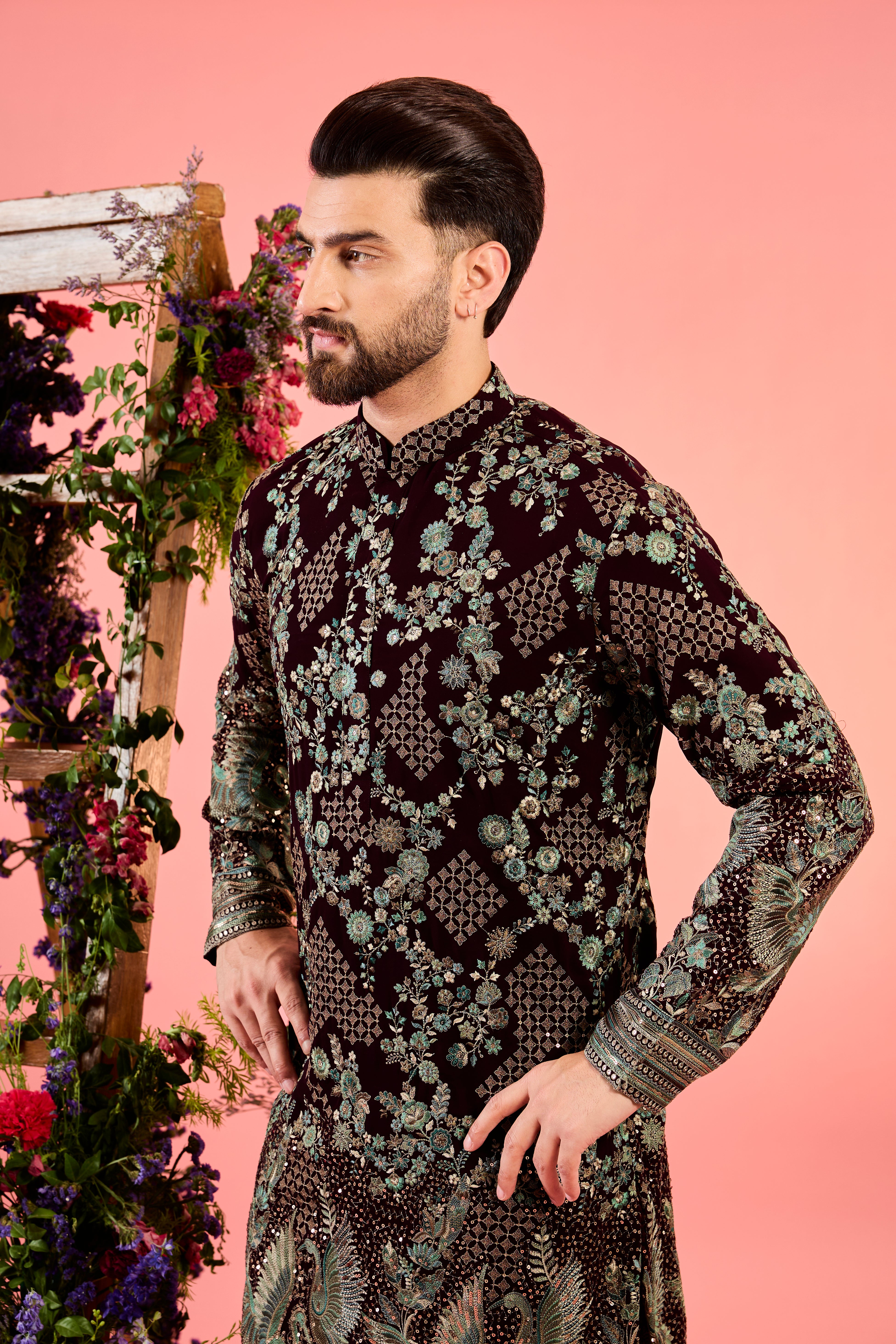 wine chikankari kurta with intricate flora and fauna embroidery