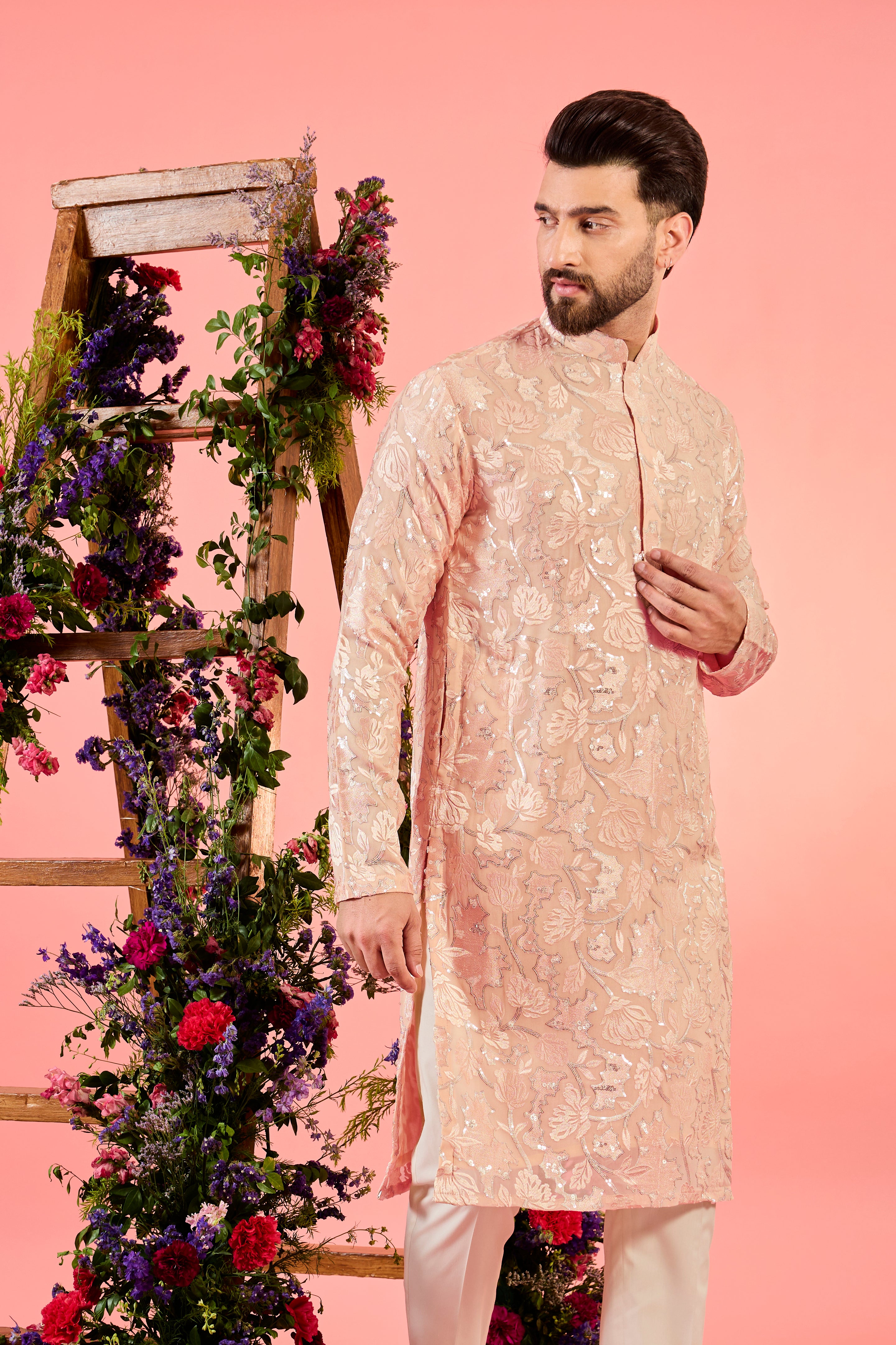 peach chinkari kurta with intricate floral embroidery
