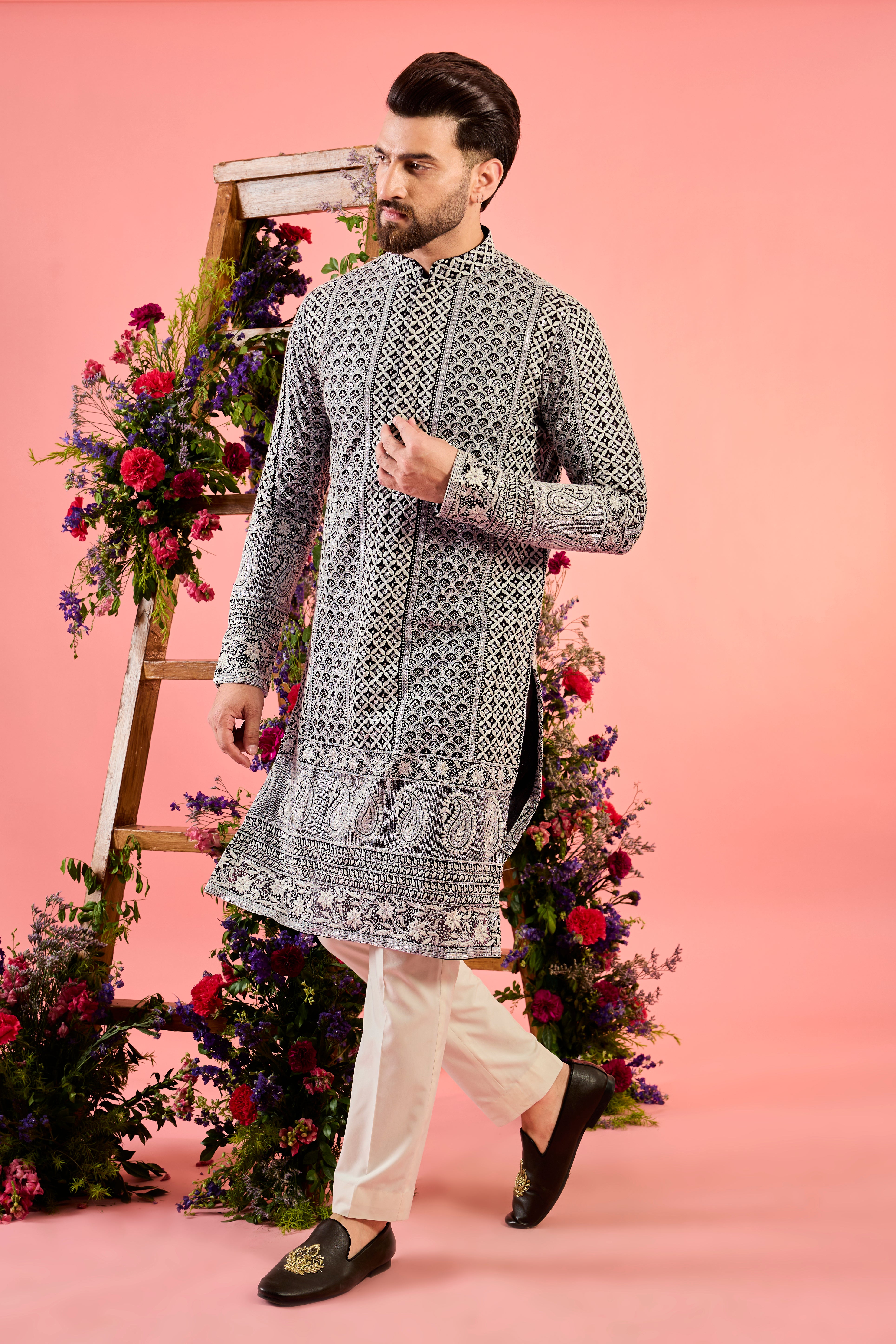 black chikankari kurta with delicate ivory thread work