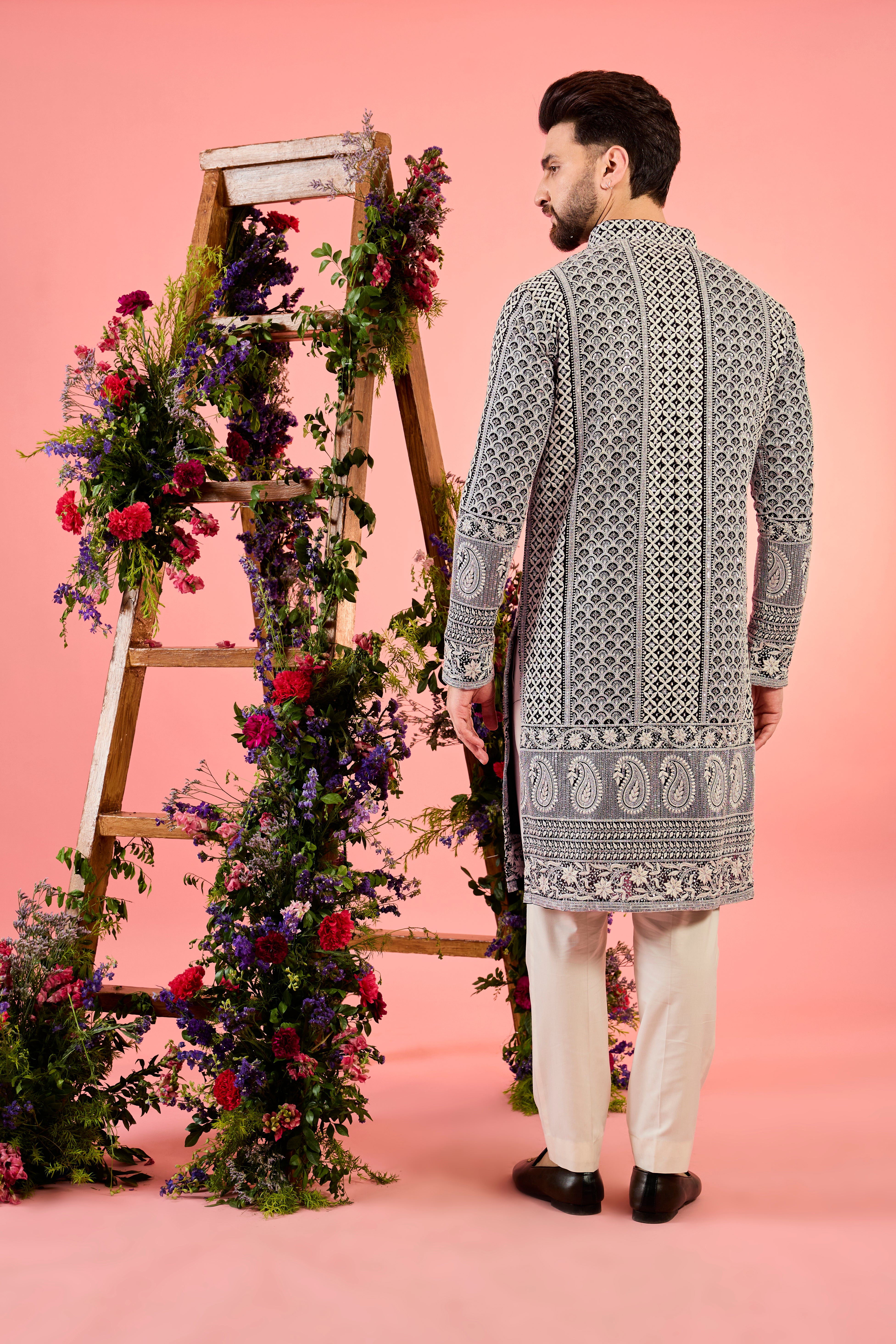black chikankari kurta with delicate ivory thread work