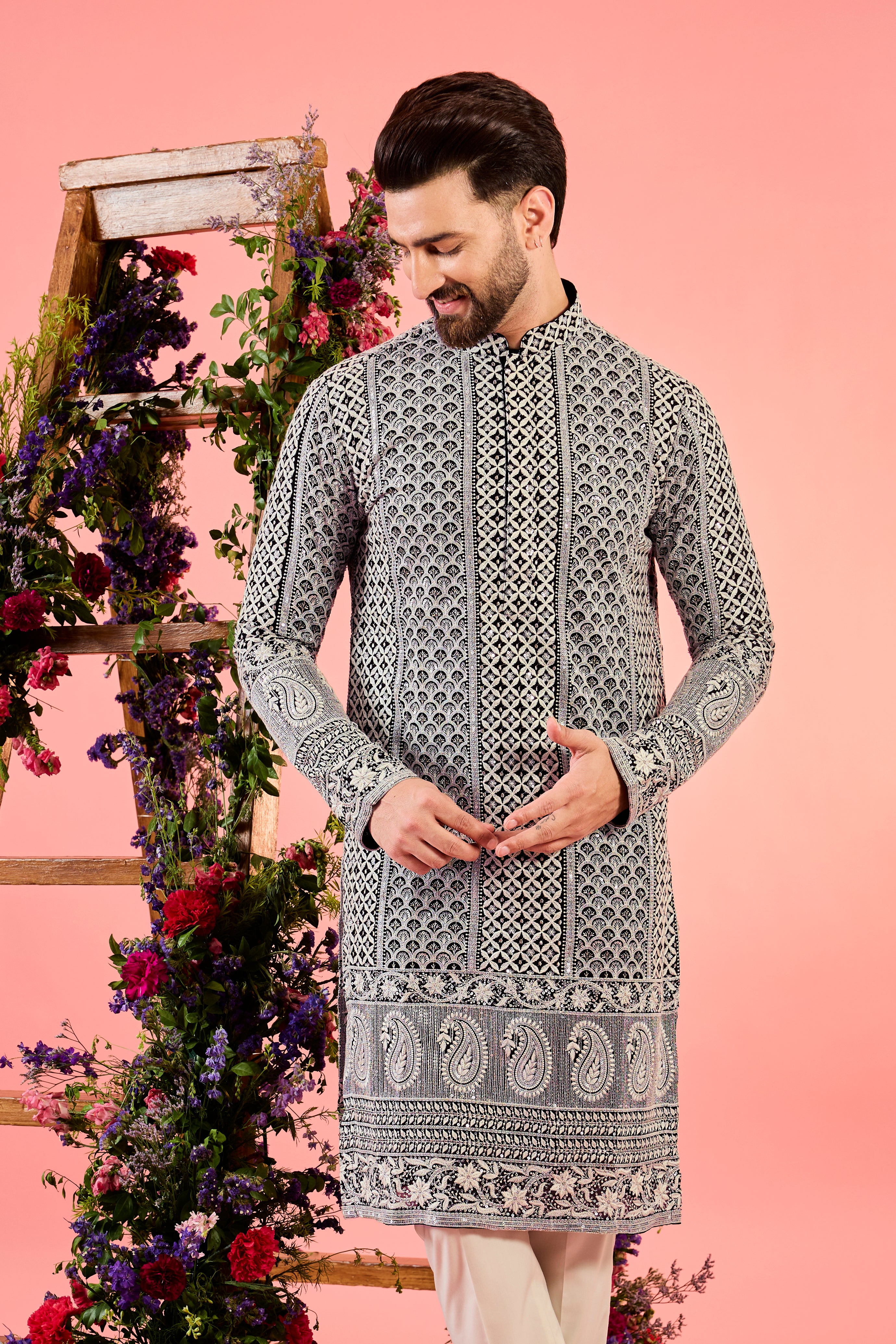 black chikankari kurta with delicate ivory thread work