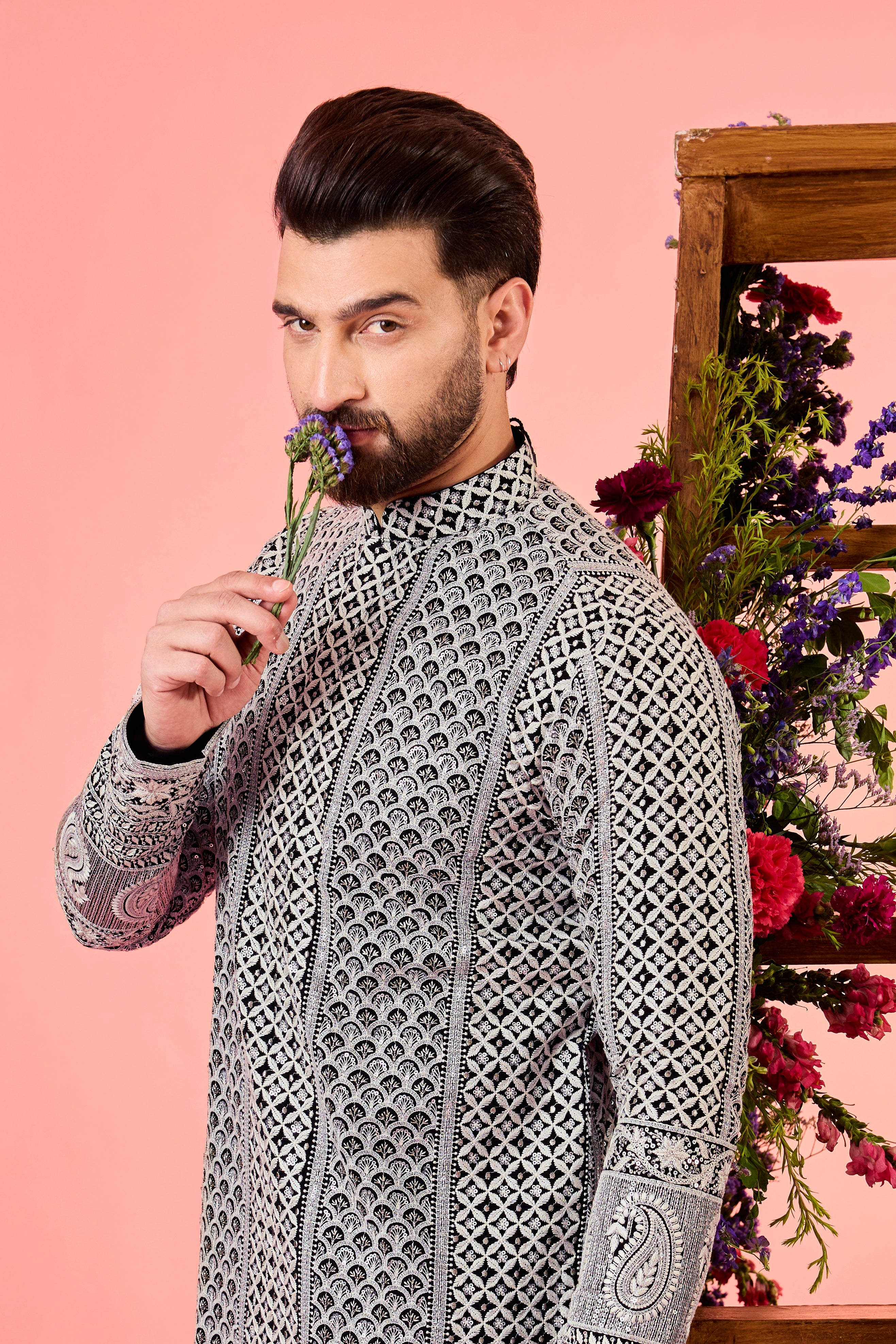 black chikankari kurta with delicate ivory thread work