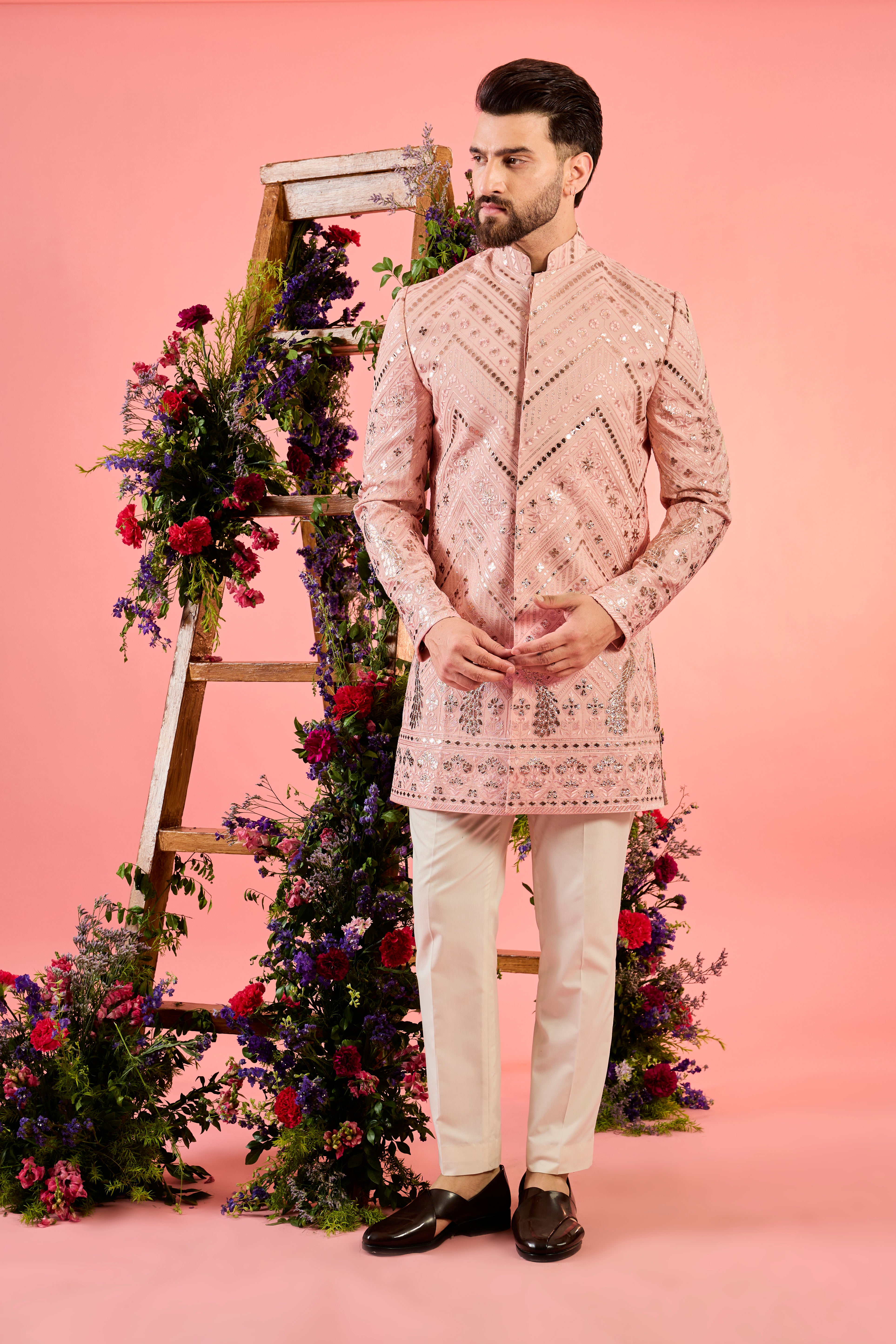 peach leather patchwork short indowestern with detailed flora and fauna figures