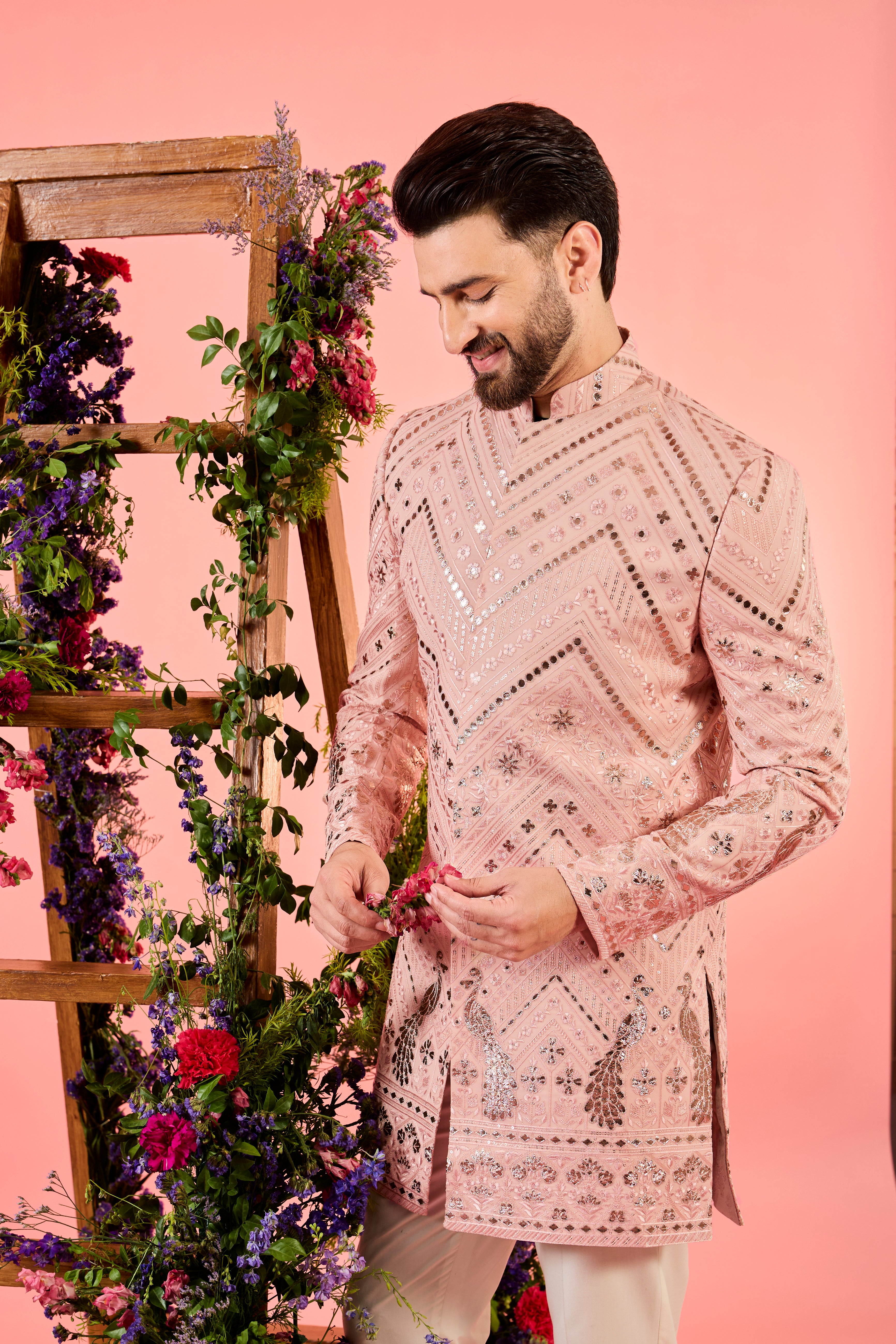 peach leather patchwork short indowestern with detailed flora and fauna figures