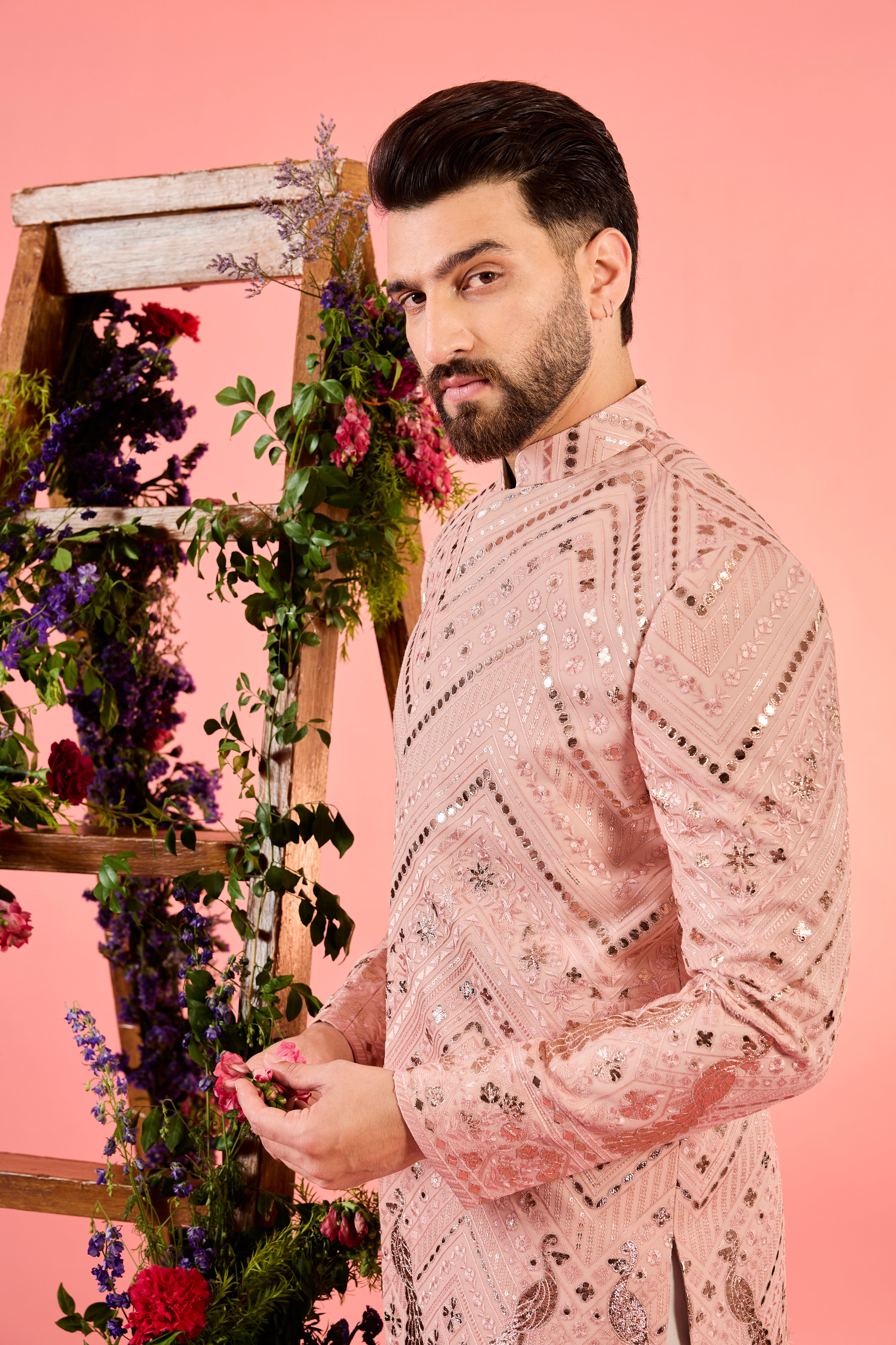 peach leather patchwork short indowestern with detailed flora and fauna figures