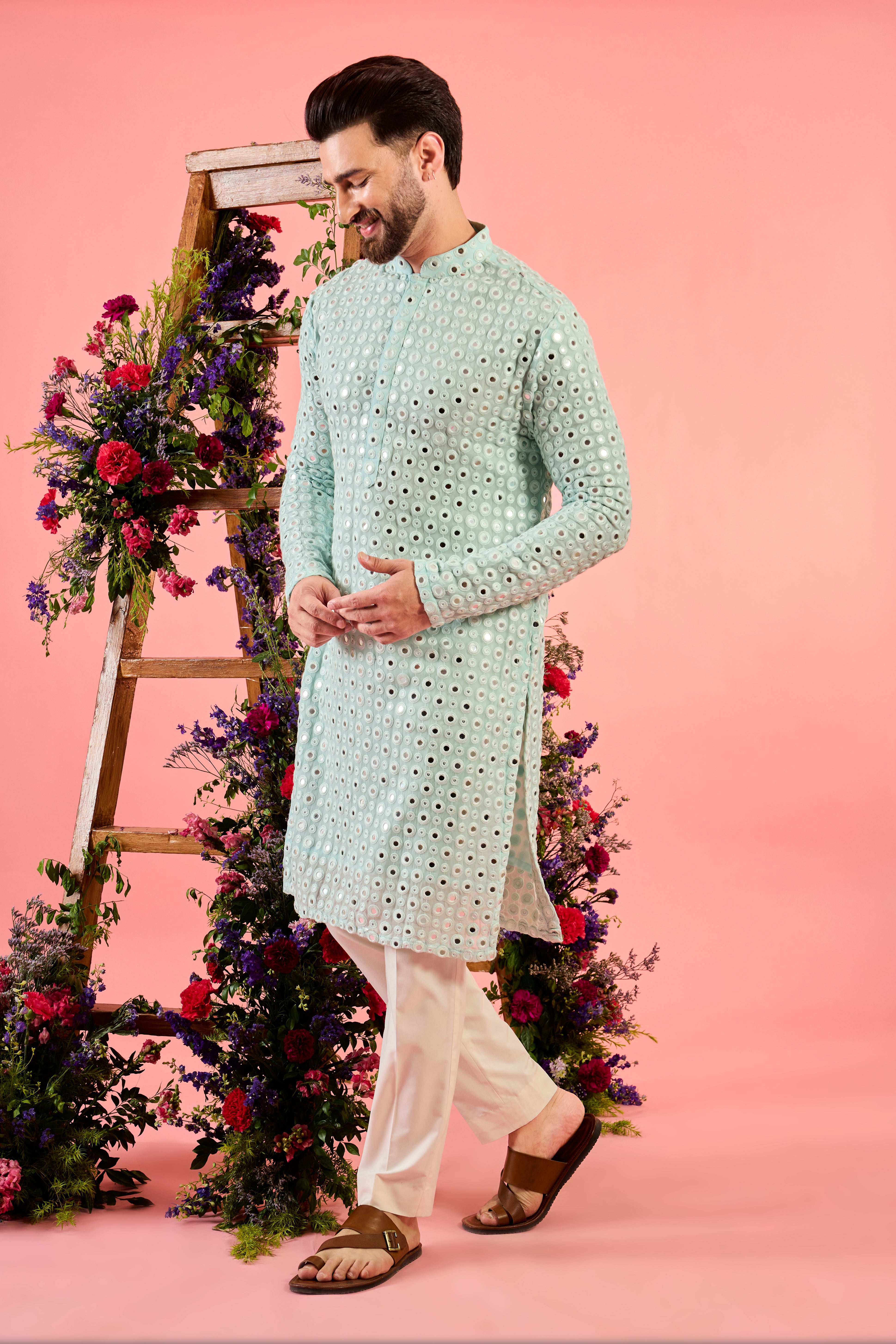 ice blue classic mirror work kurta