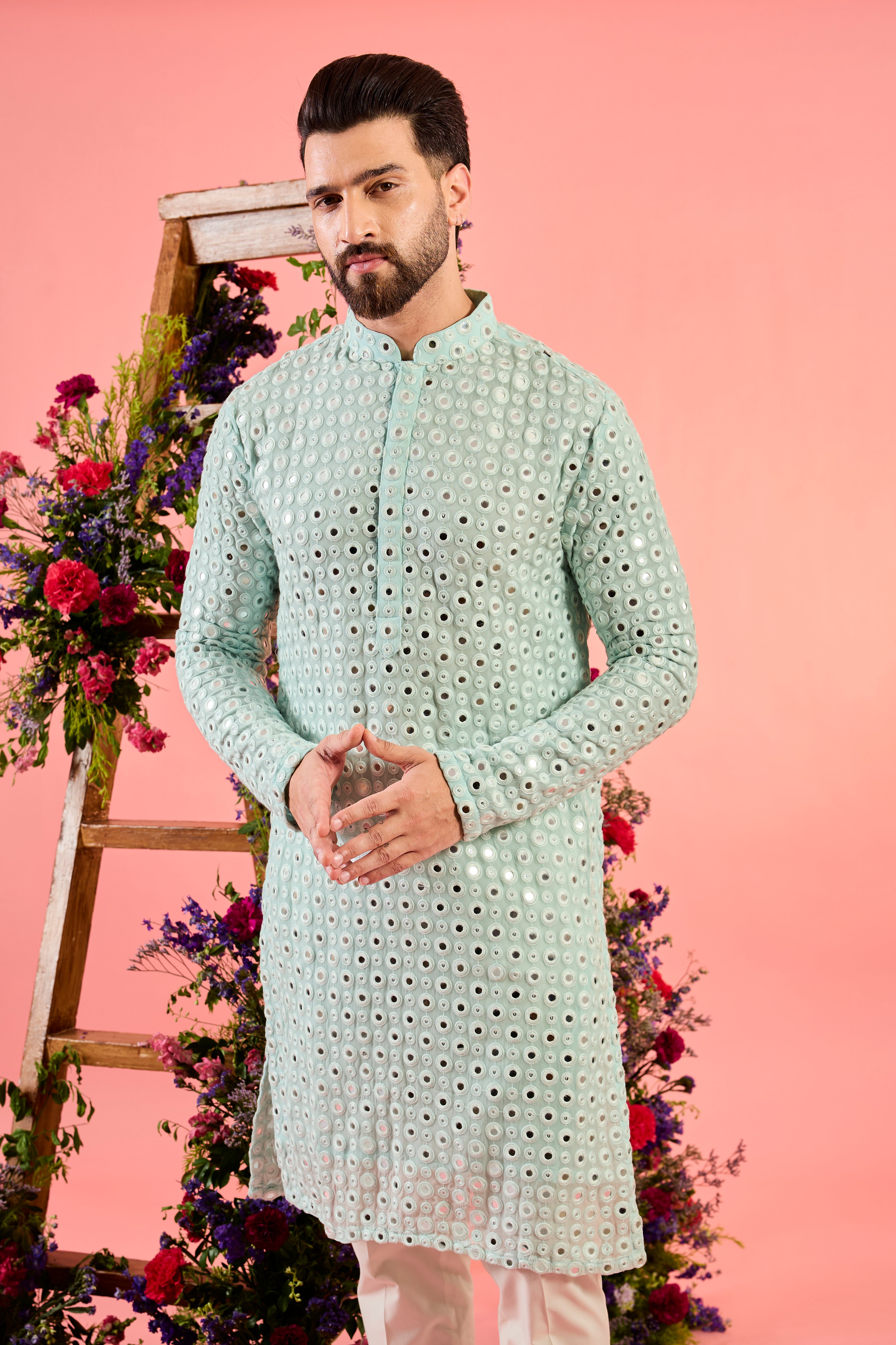 ice blue classic mirror work kurta