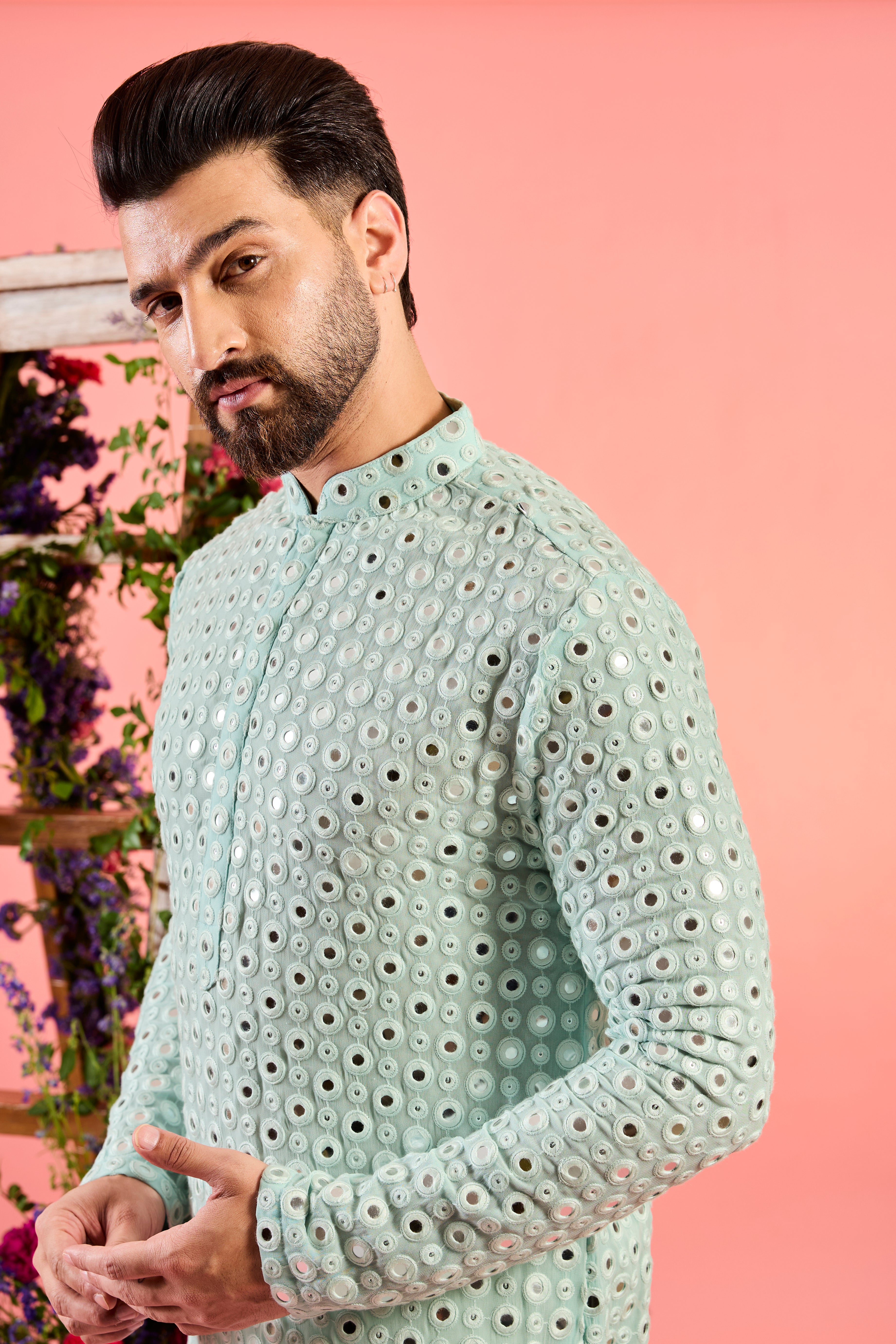 ice blue classic mirror work kurta
