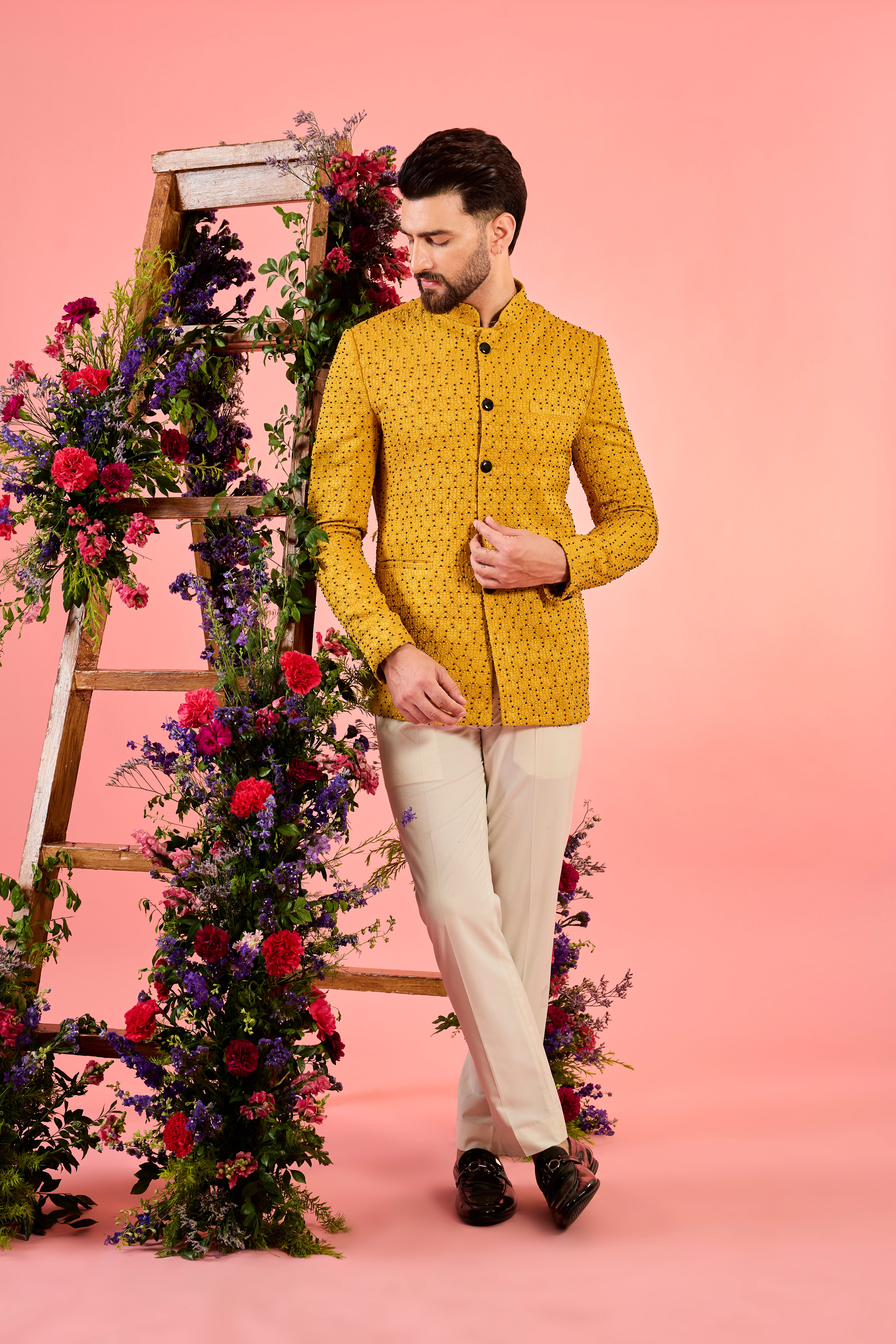 mustard  bandgala  with intricate cut dana and thread work