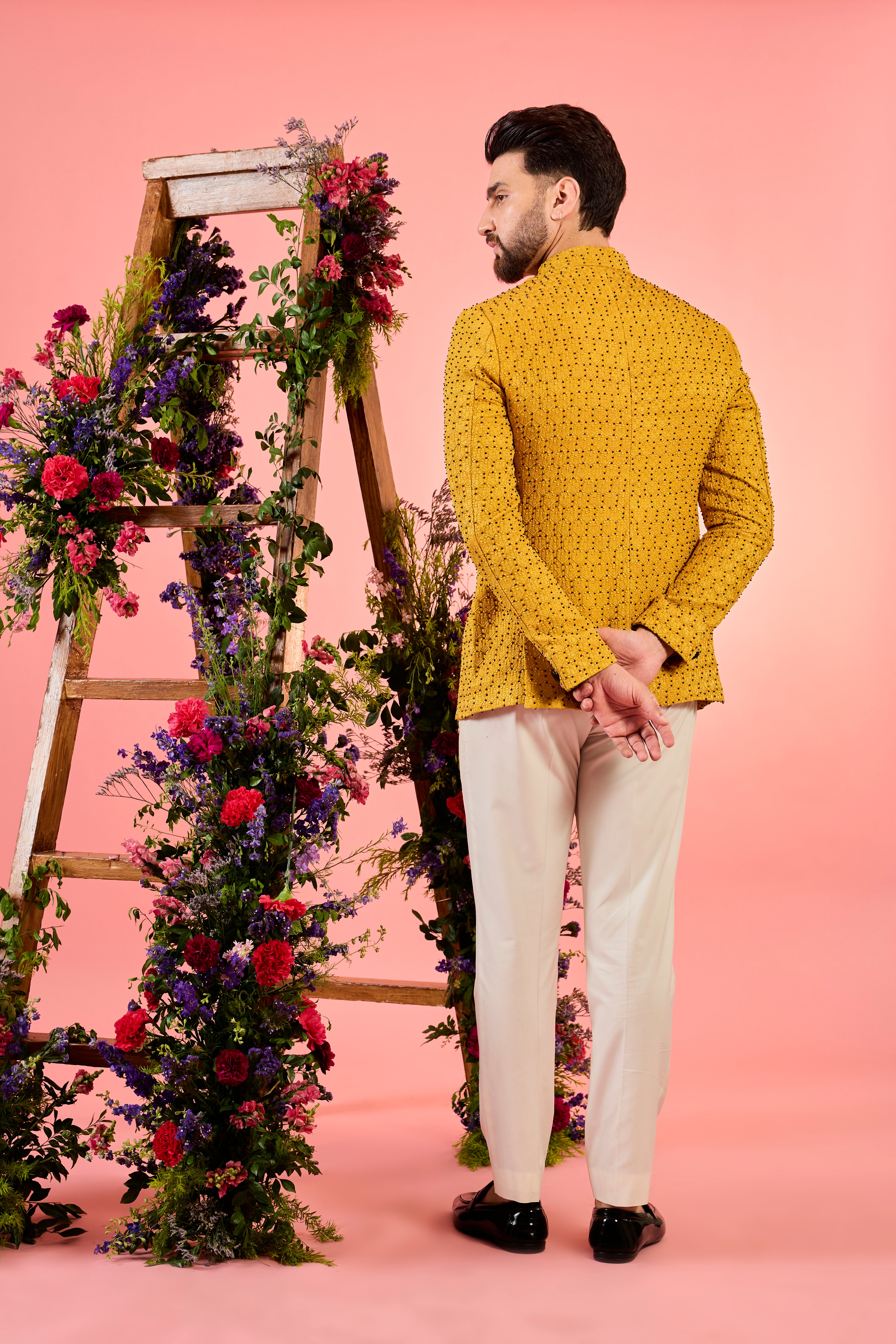 mustard  bandgala  with intricate cut dana and thread work