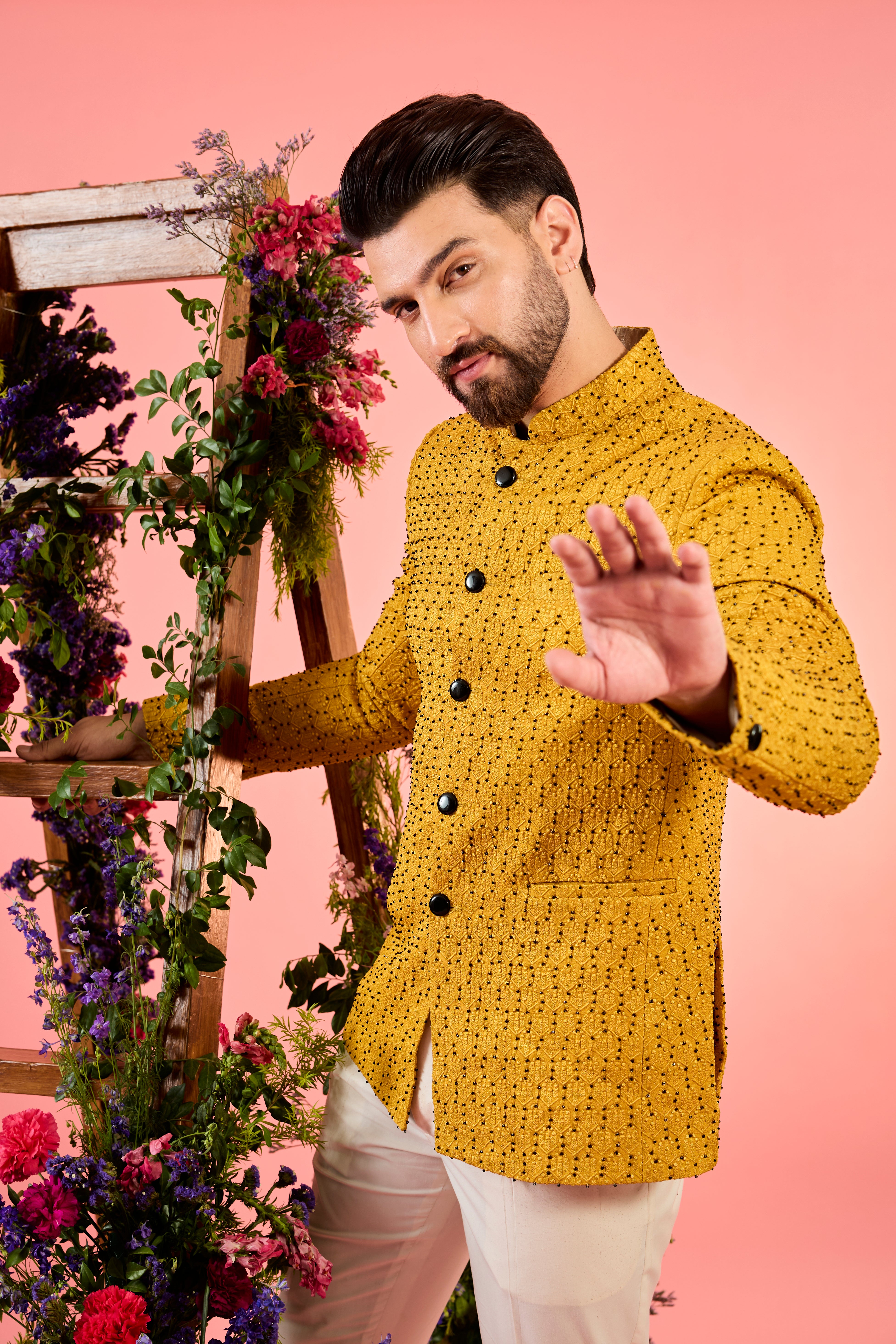 mustard bandgala with intricate cut dana and thread work