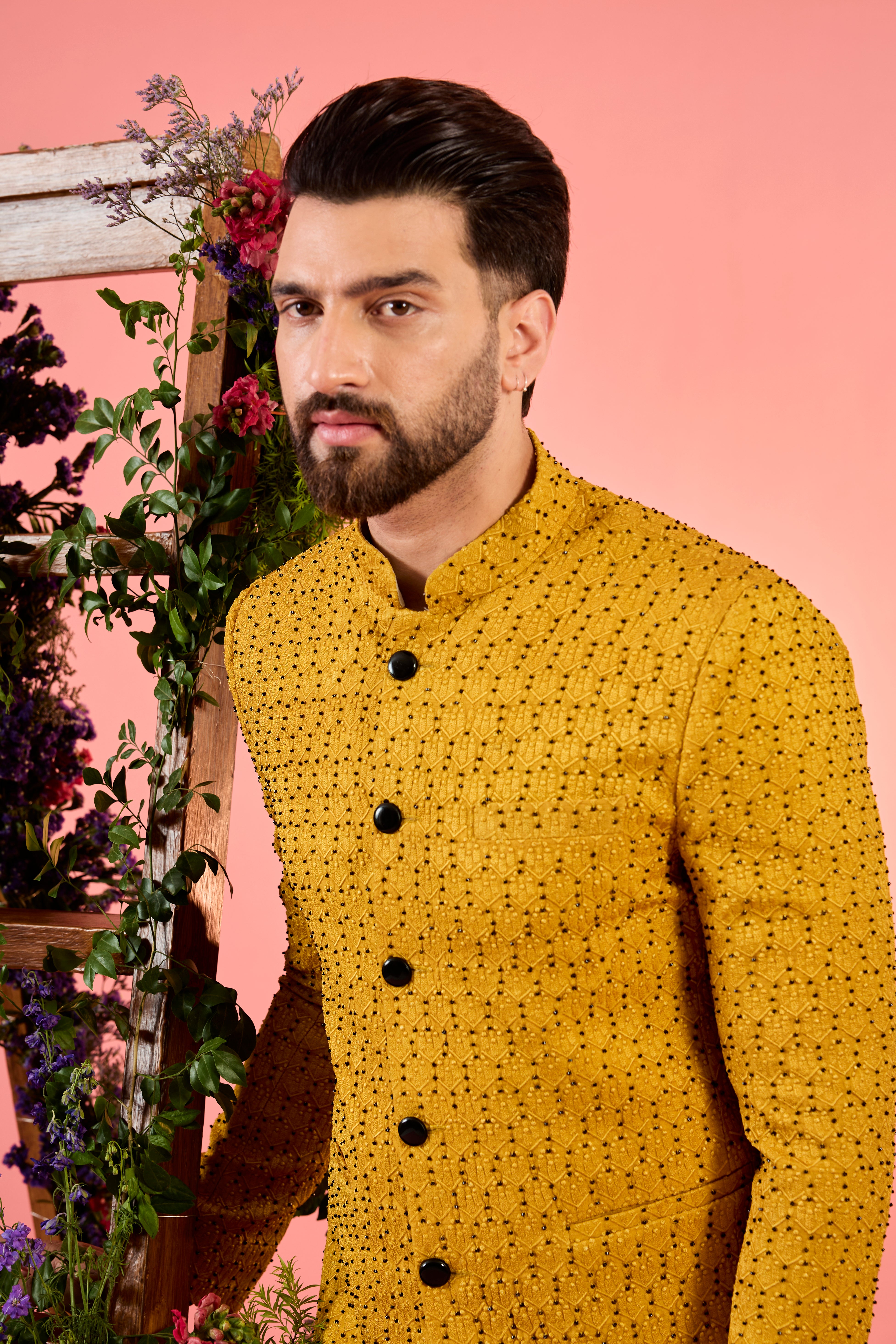 mustard bandgala with intricate cut dana and thread work