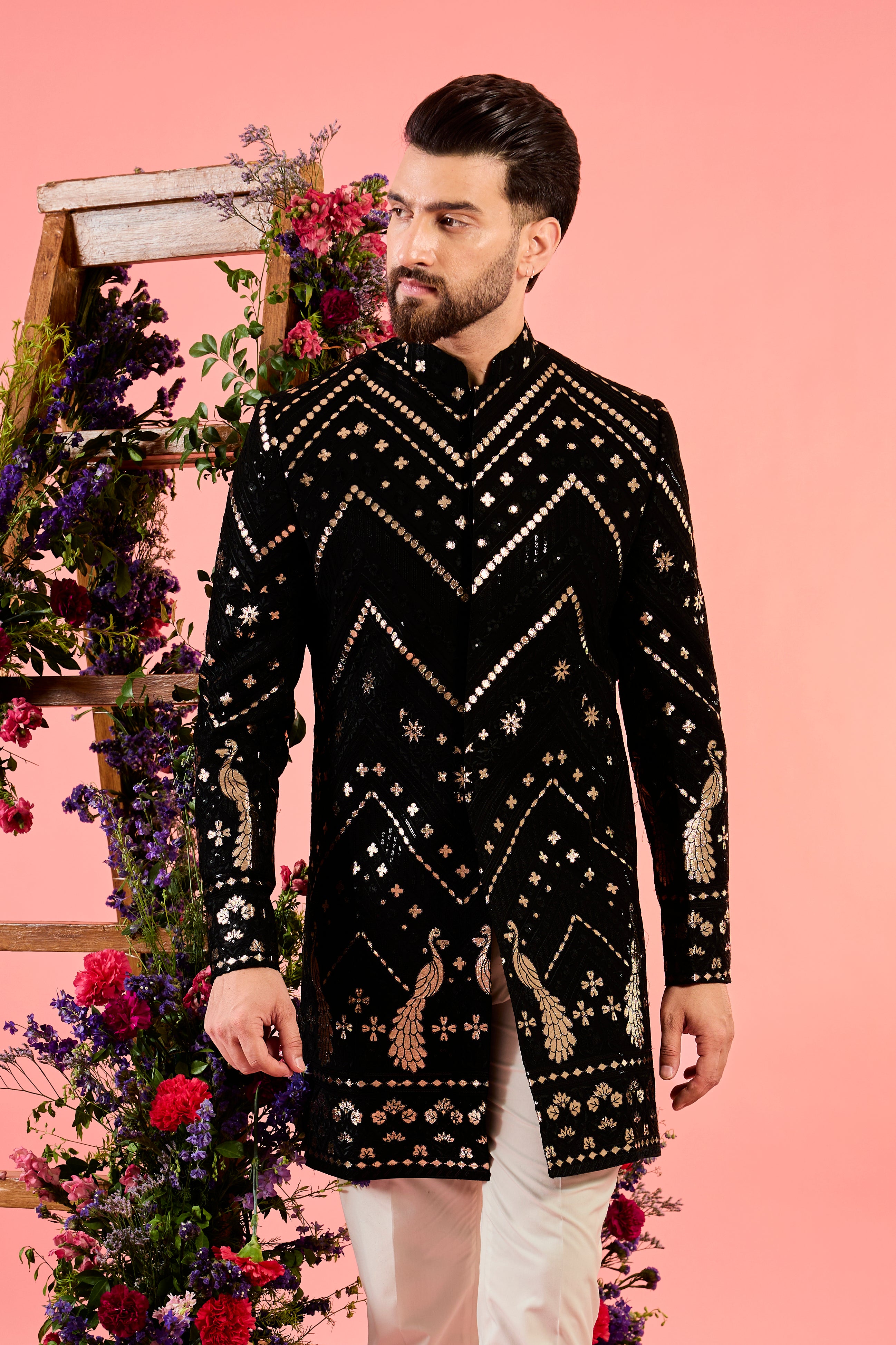 black leather patchwork short indowestern with detailed flora and fauna figures