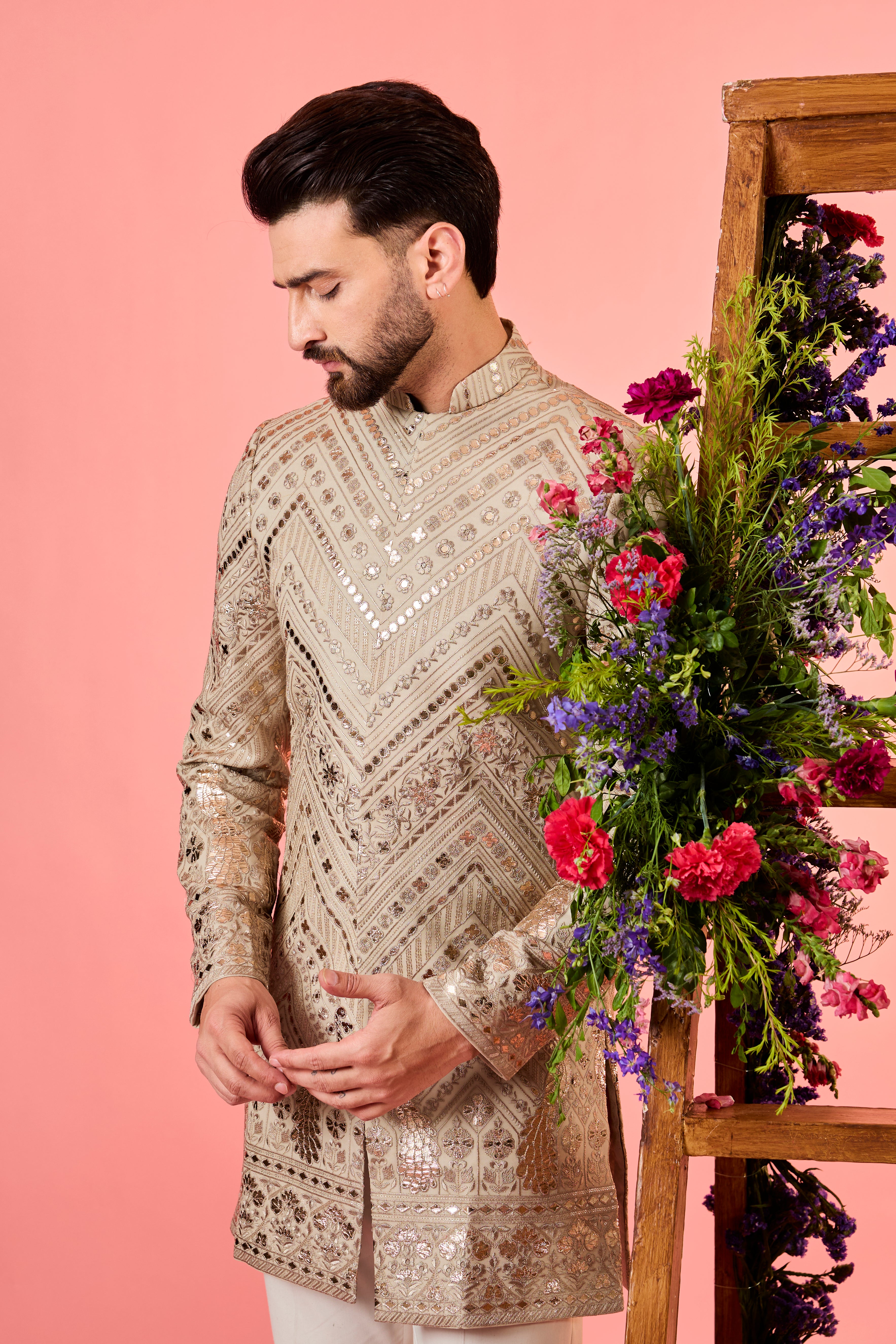 beige leather patchwork short indowestern with detailed flora and fauna figures