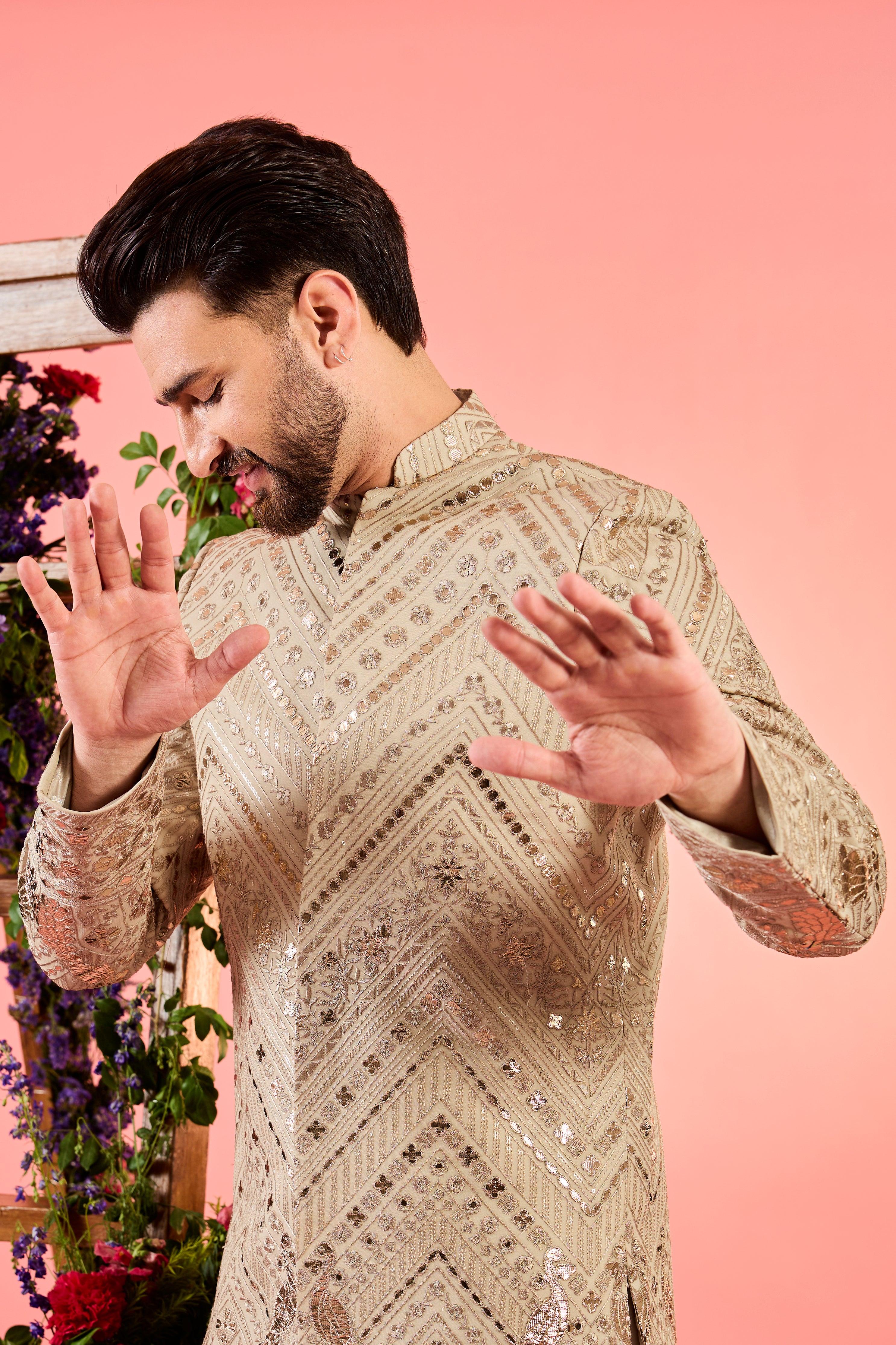beige leather patchwork short indowestern with detailed flora and fauna figures