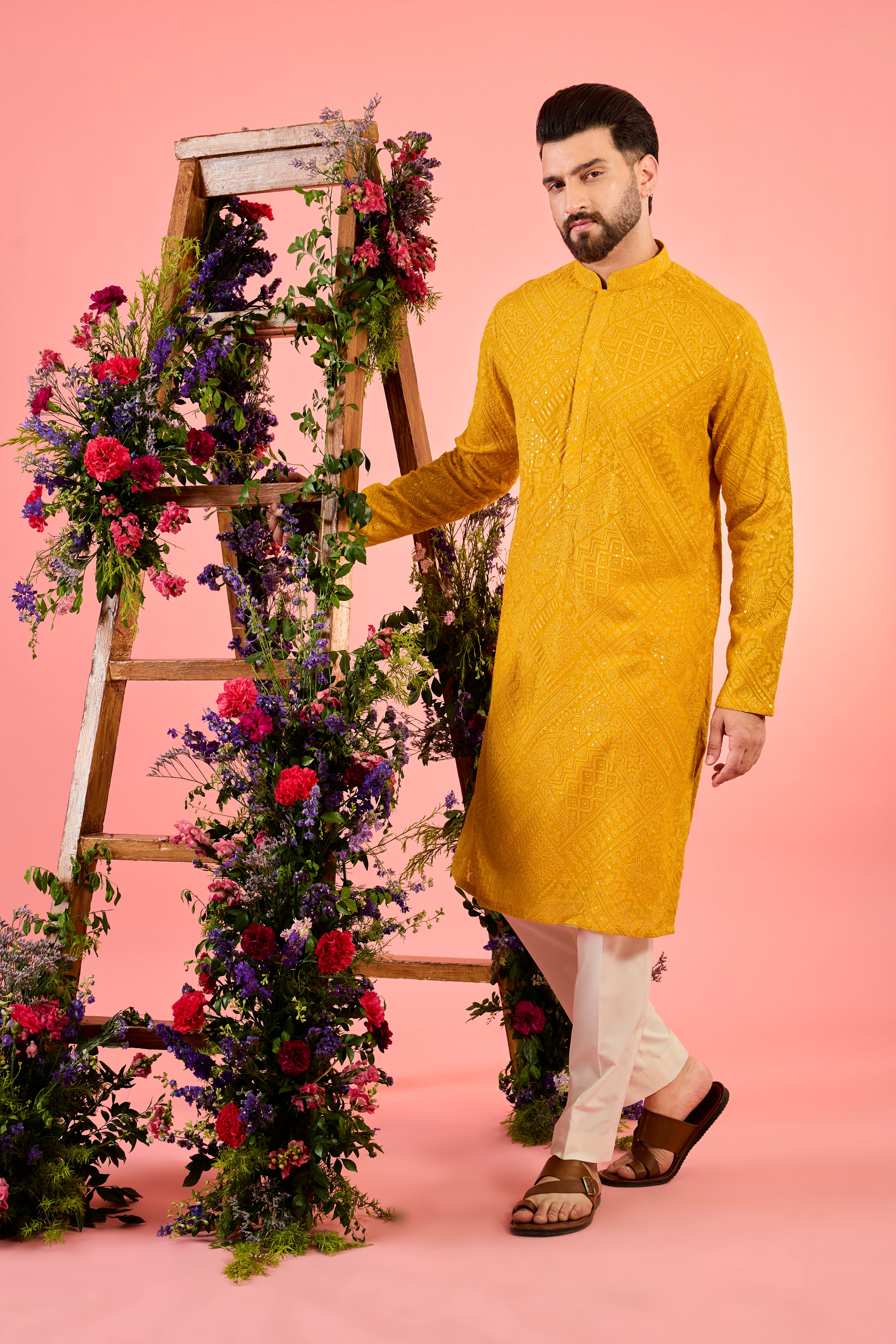 mustard classic chikankankari kurta with sequin work