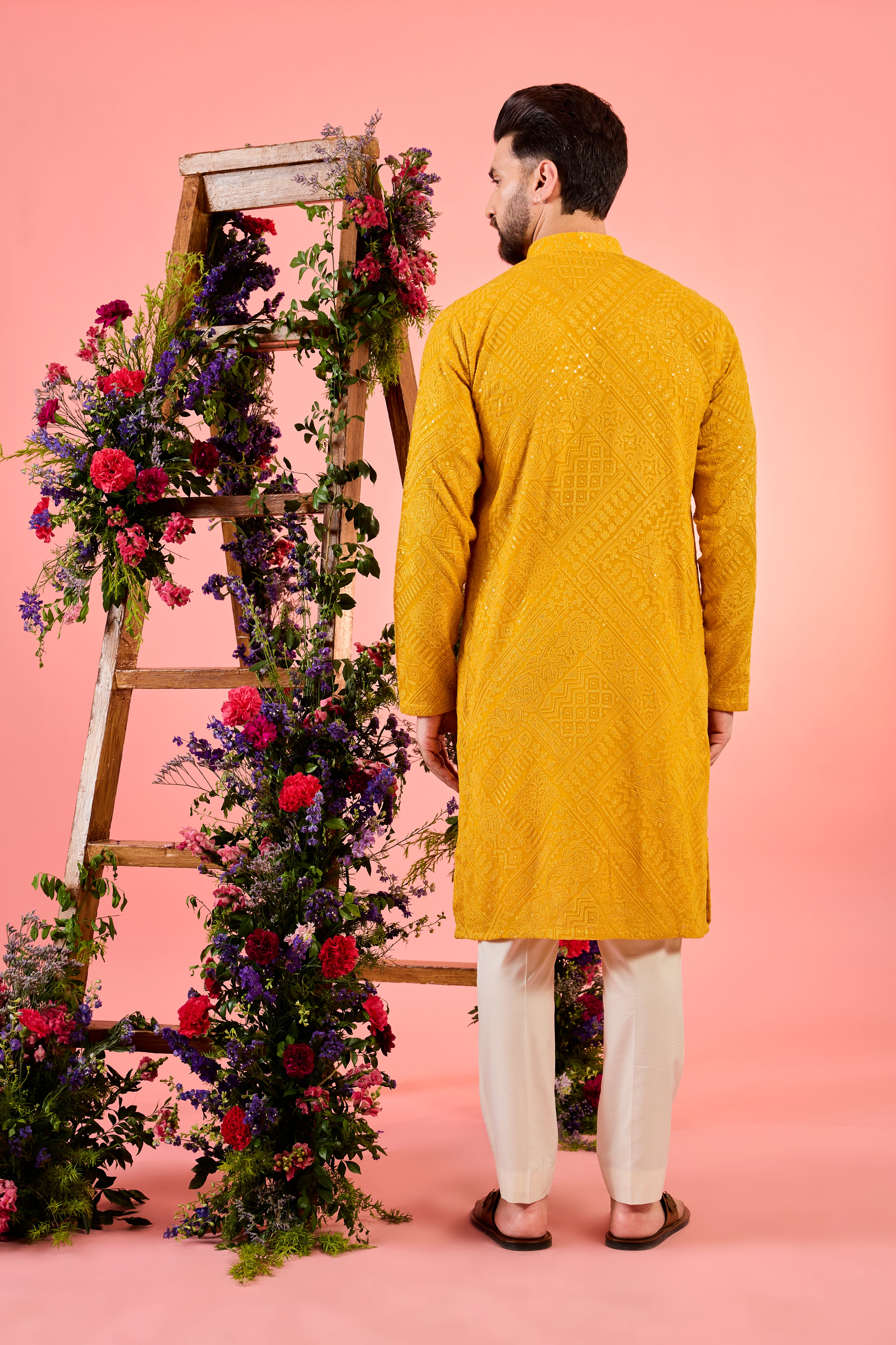 mustard classic chikankankari kurta with sequin work