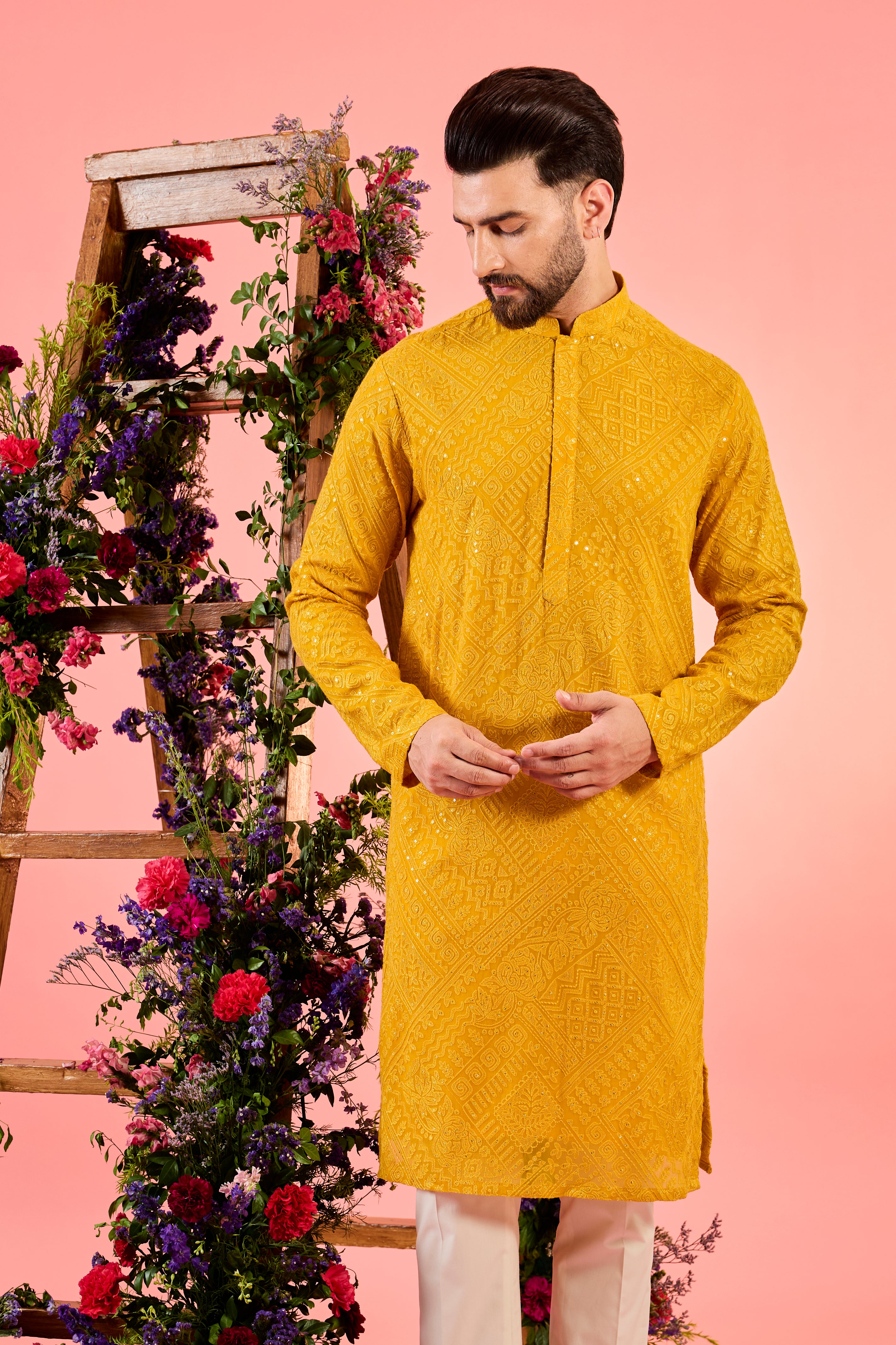 mustard classic chikankankari kurta with sequin work