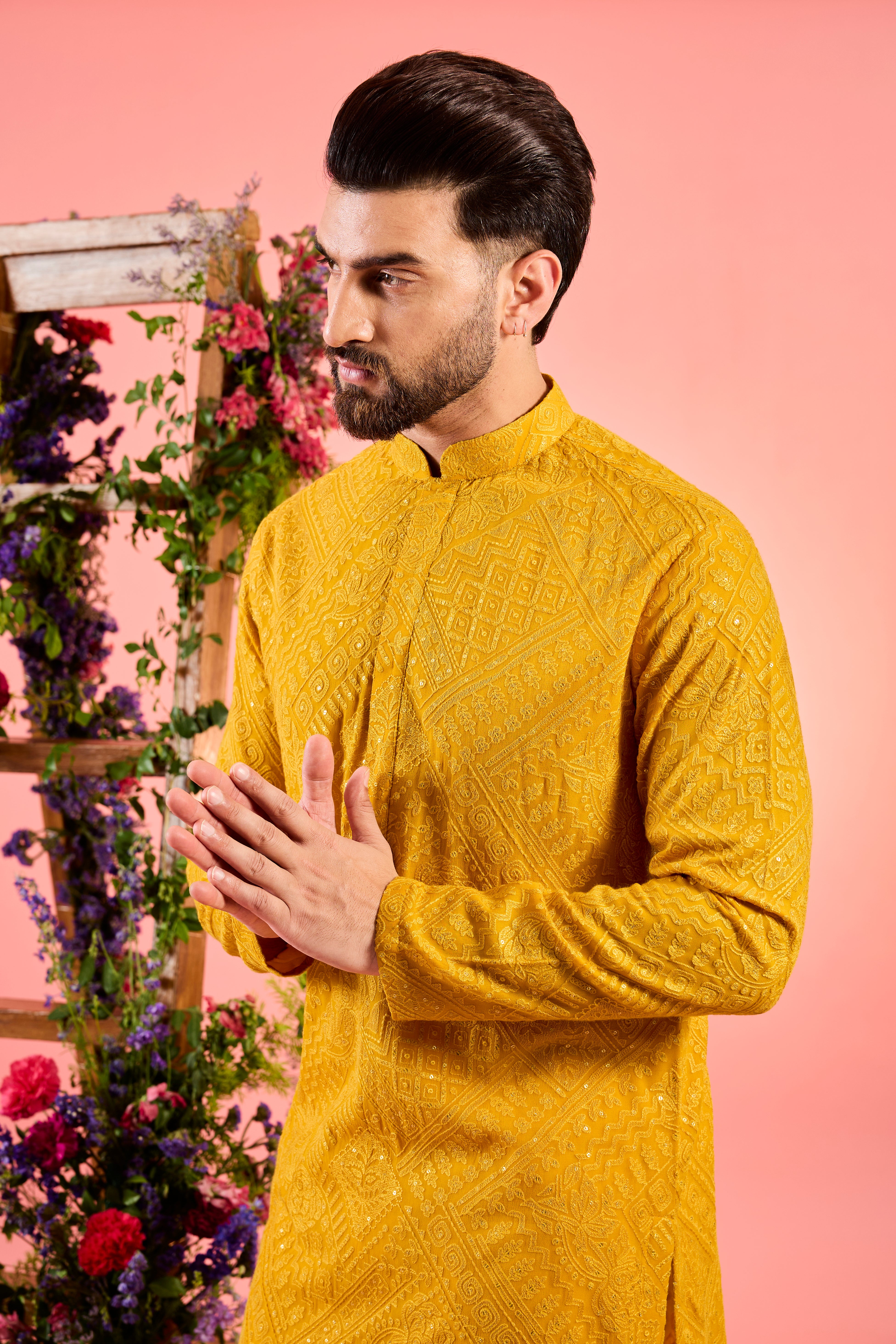 mustard classic chikankankari kurta with sequin work