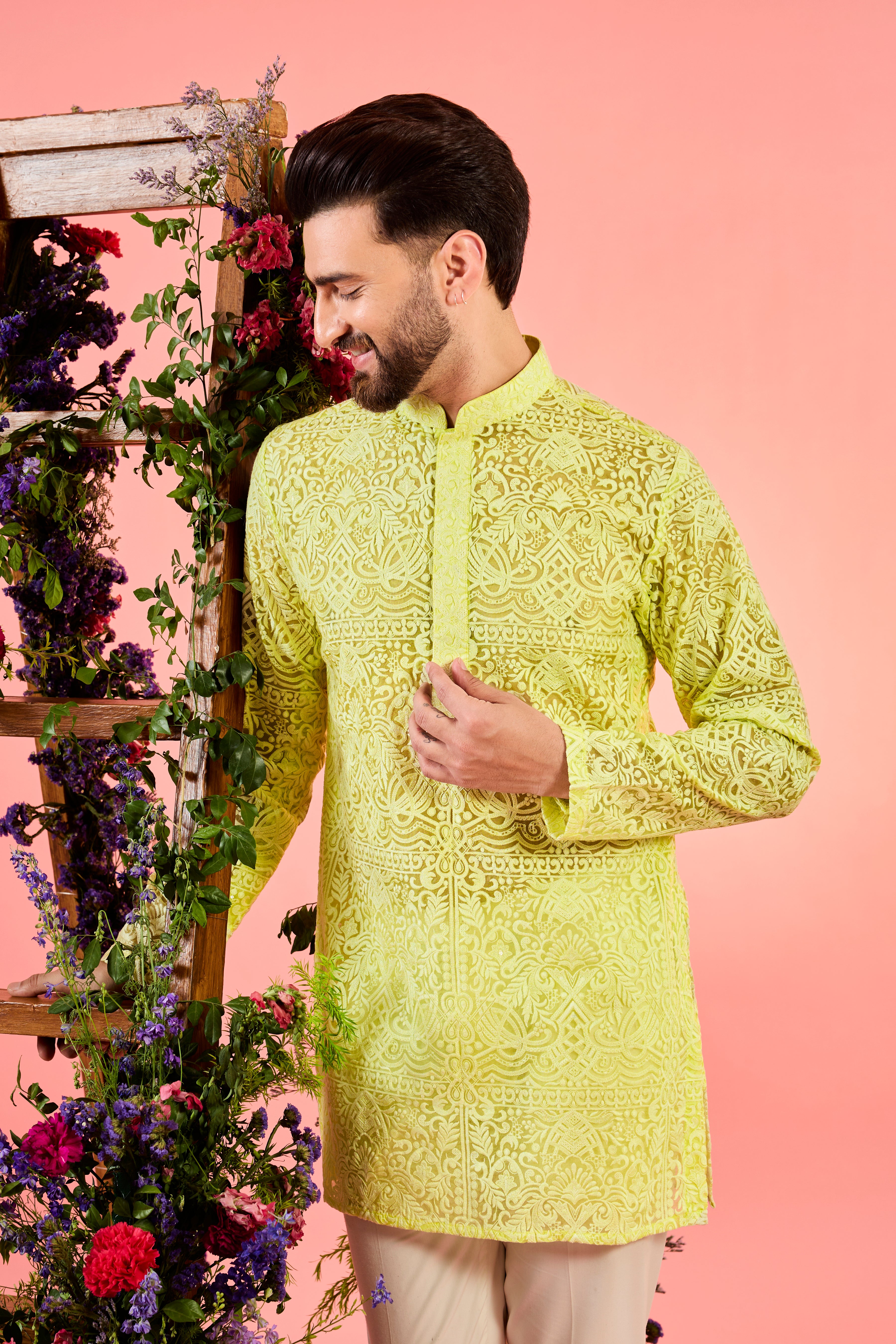 yellow short sheer chikankari kurta