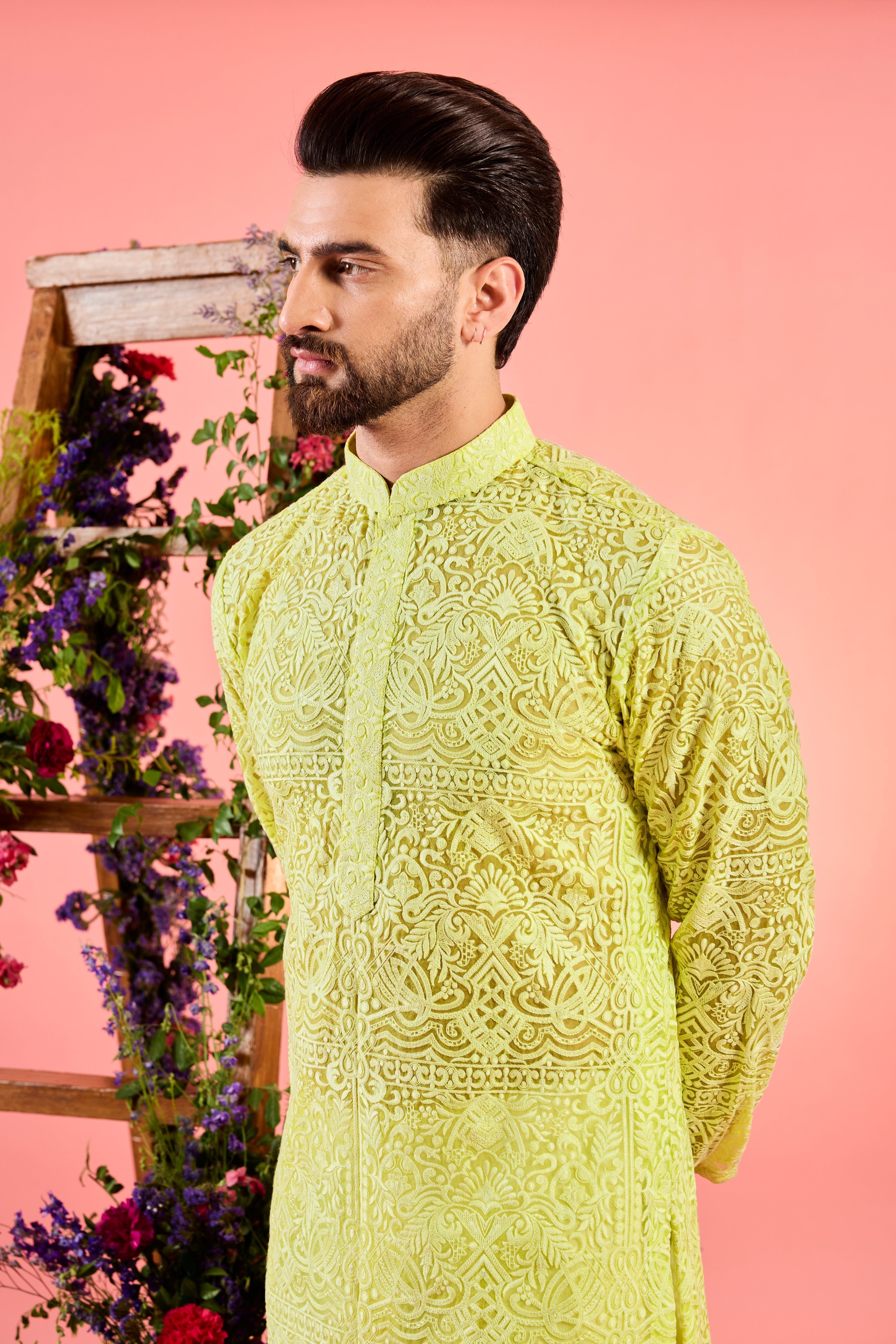 yellow short sheer chikankari kurta