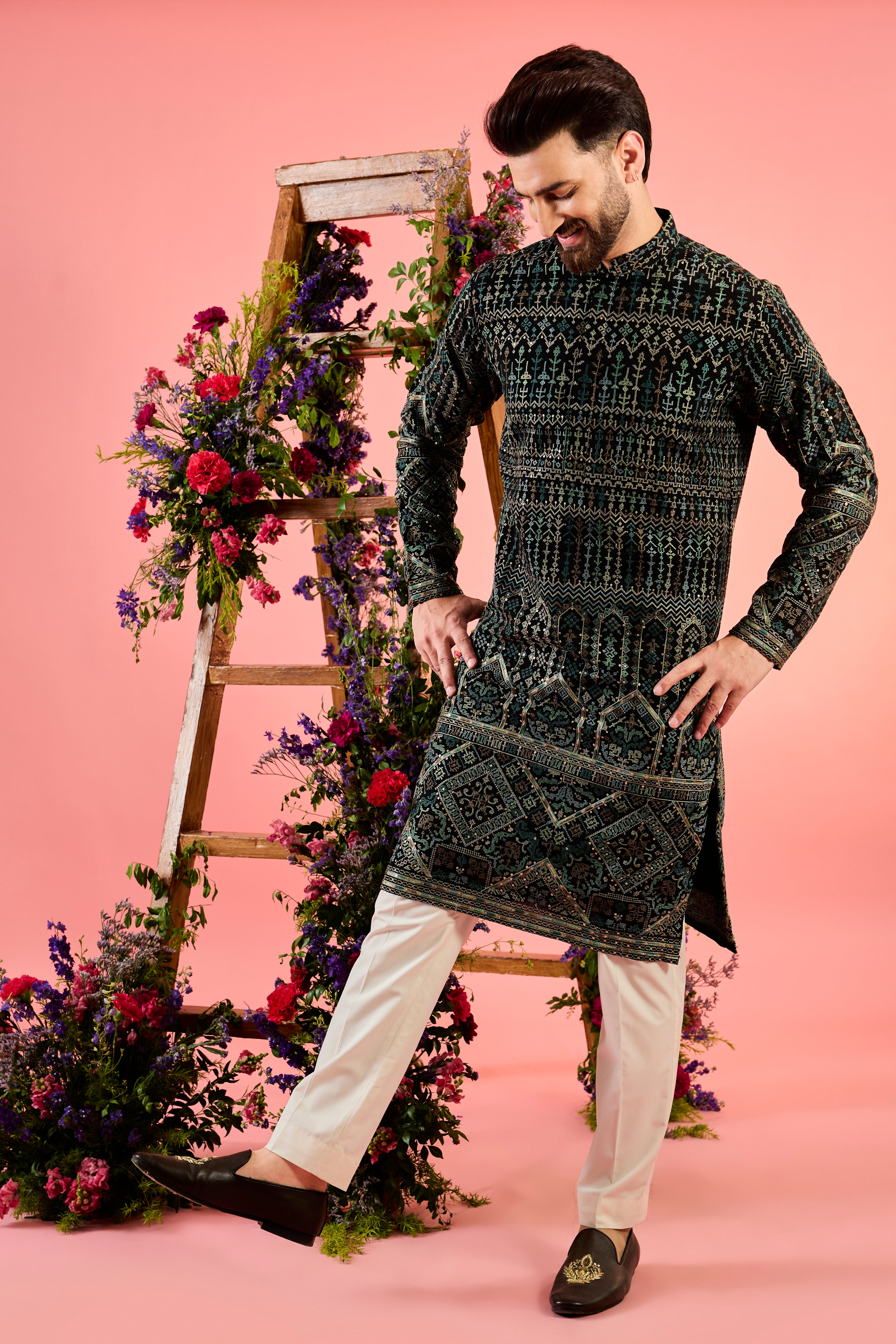 black and green kashmiri threadwork kurta
