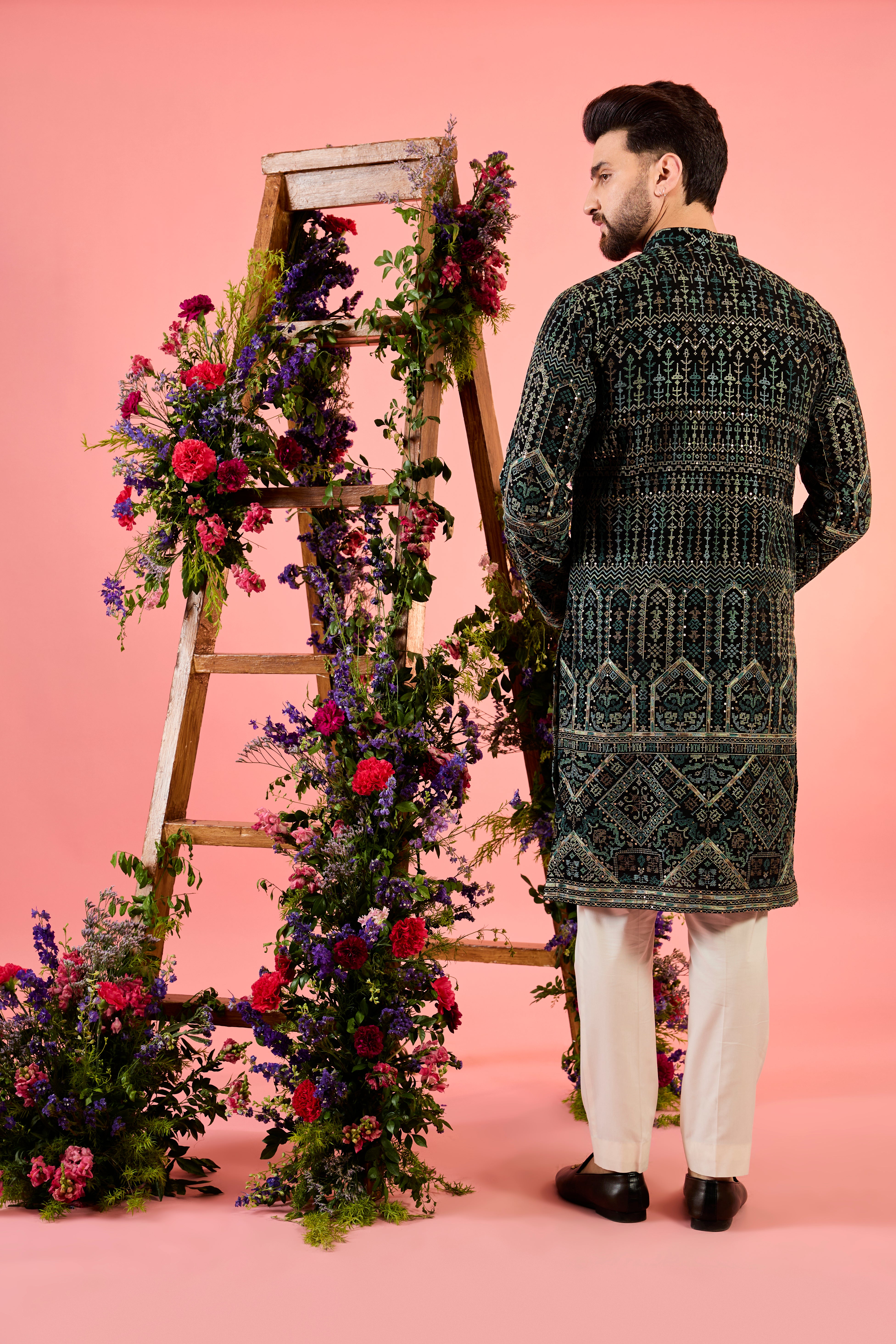 black and green kashmiri threadwork kurta