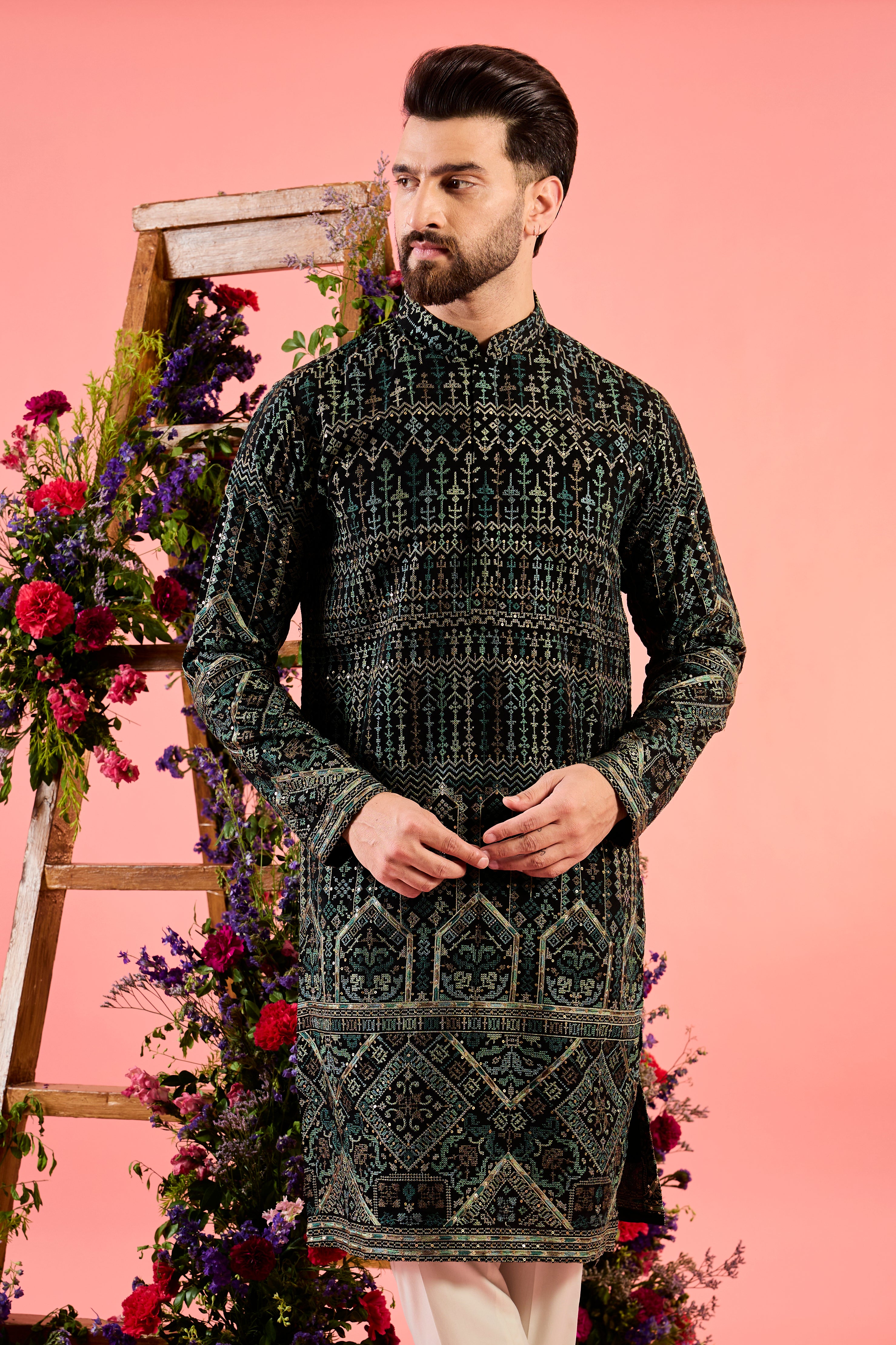 black and green kashmiri threadwork kurta