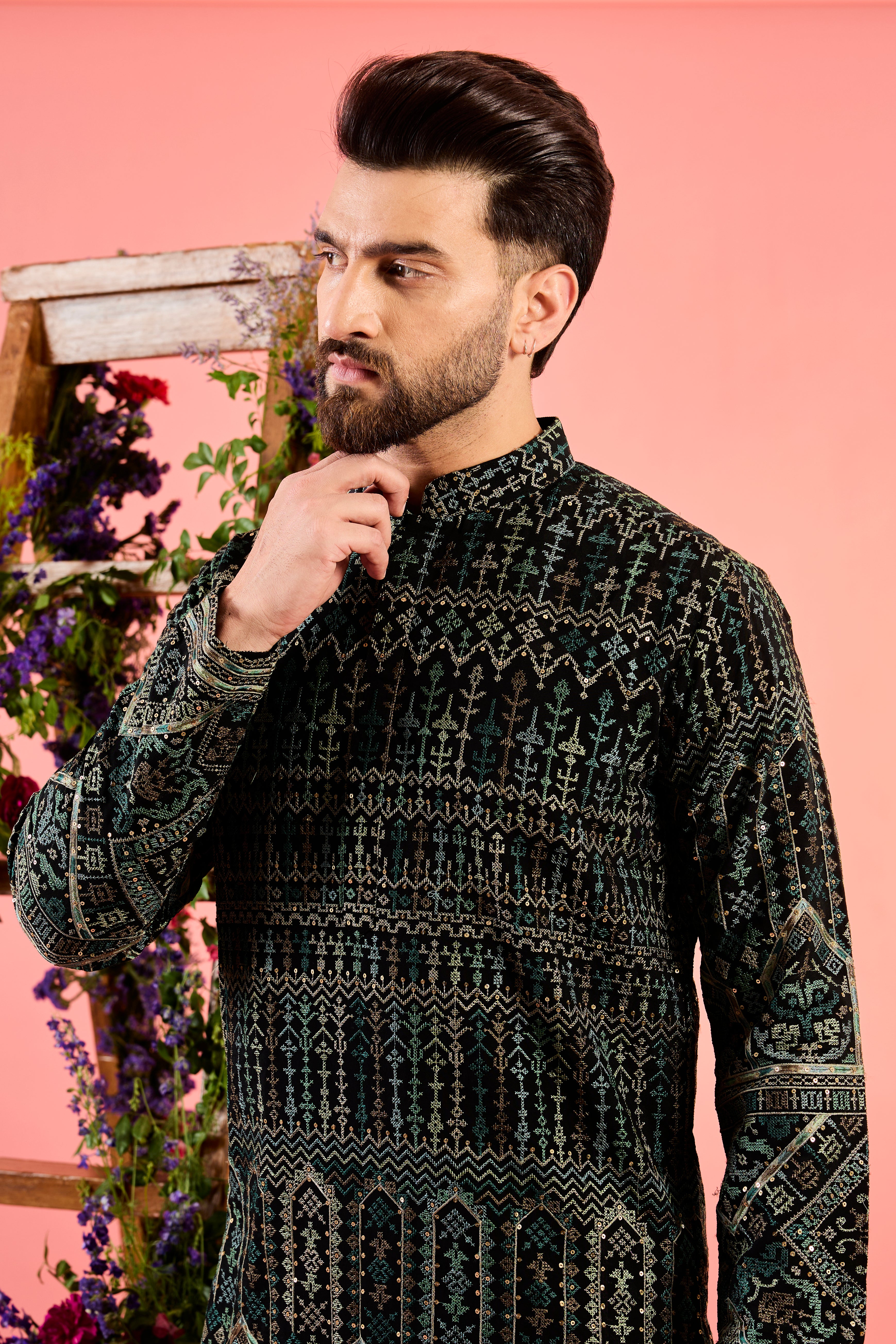 black and green kashmiri threadwork kurta