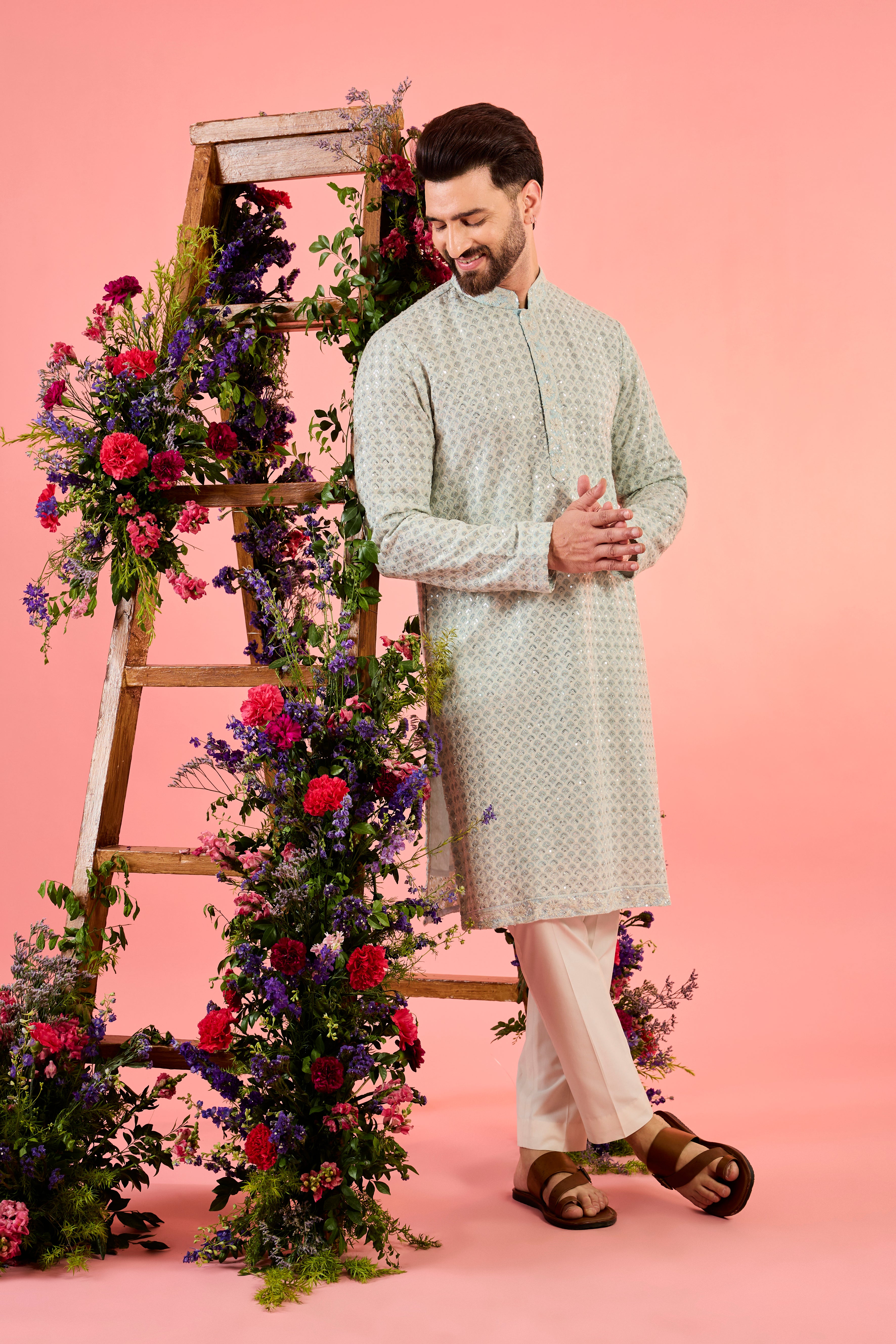 blue chikankari kurta with intricate sequin work