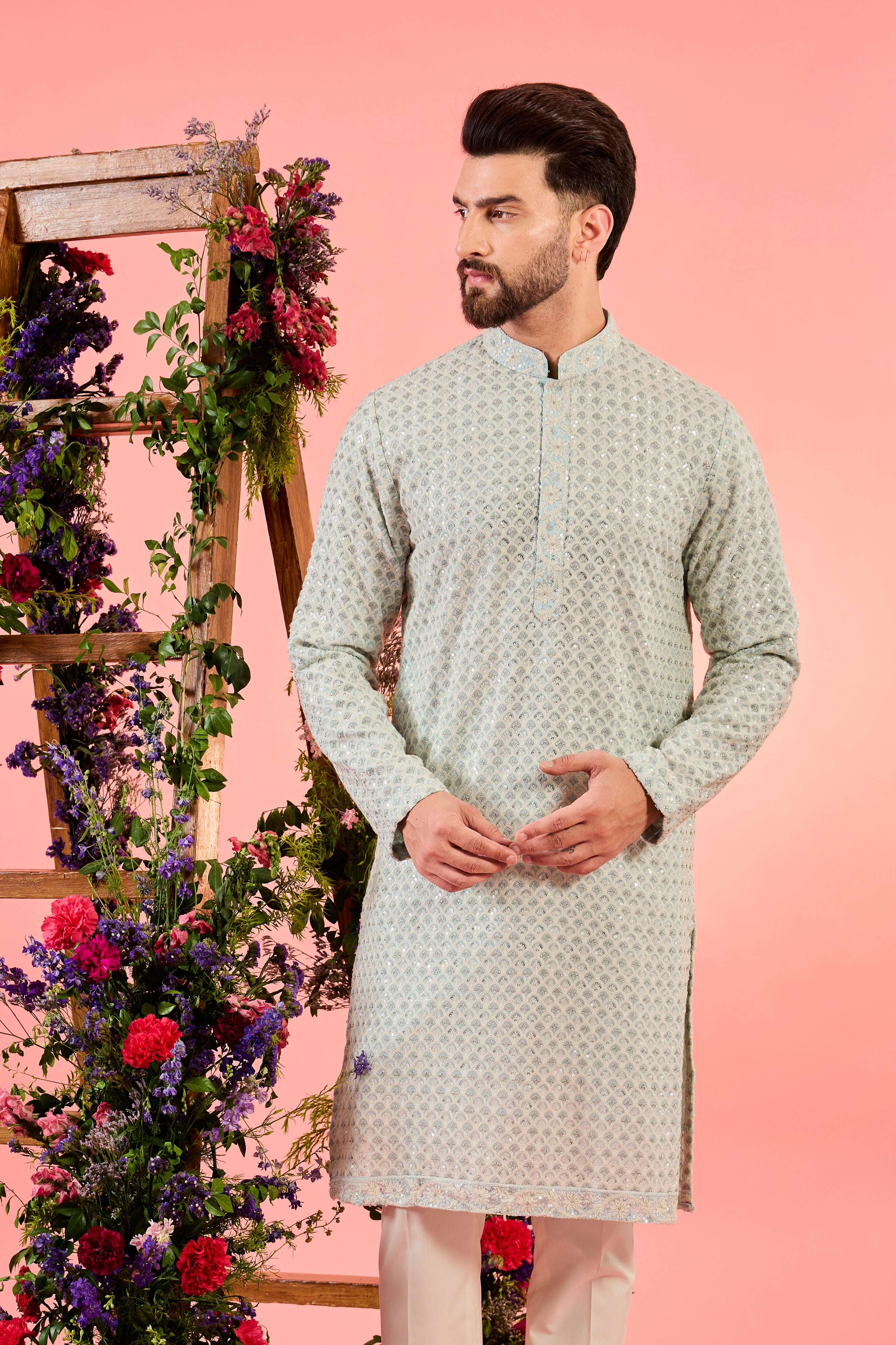 blue chikankari kurta with intricate sequin work