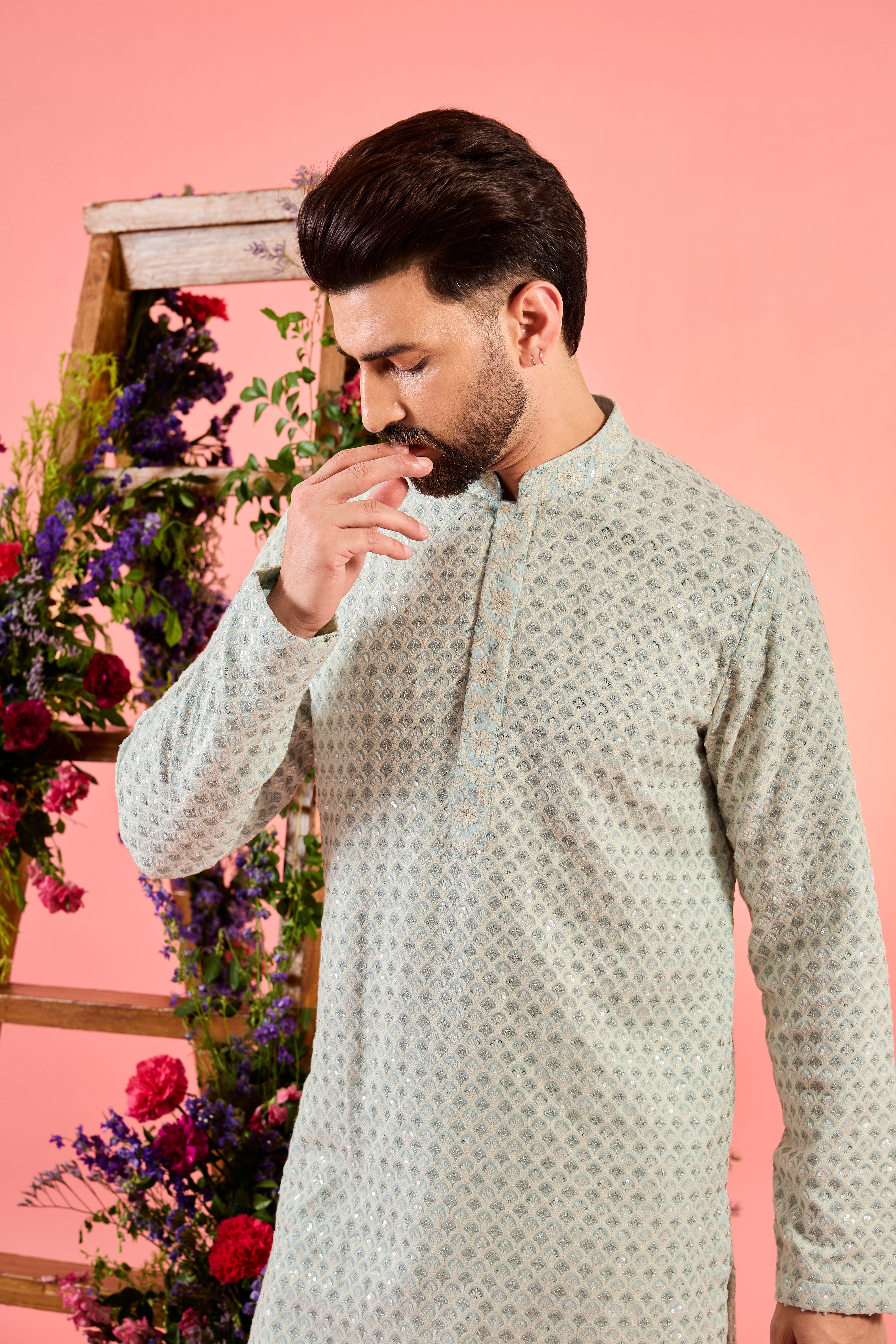 blue chikankari kurta with intricate sequin work