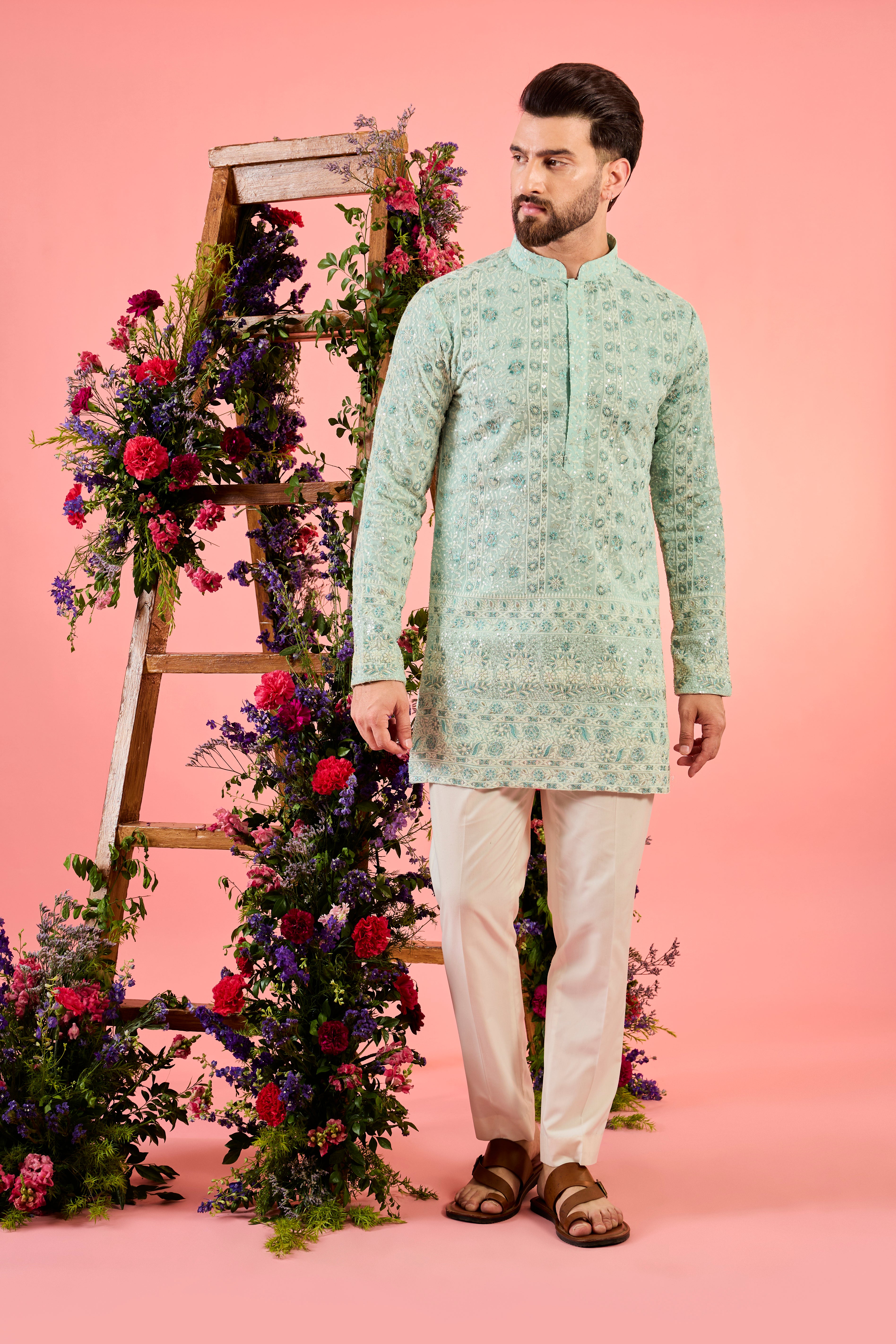blue chikankari short kurta with floral embroidery
