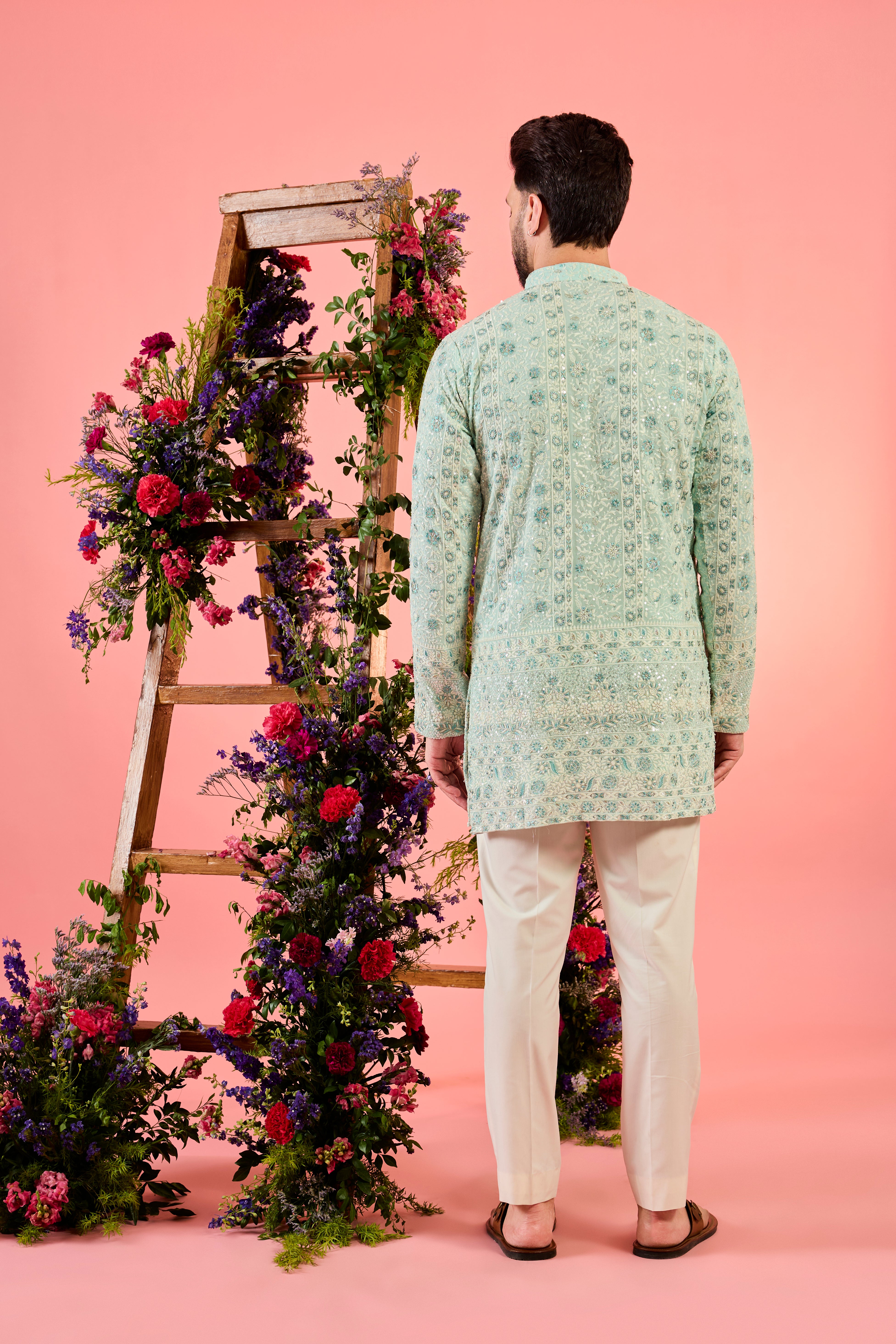 blue chikankari short kurta with floral embroidery