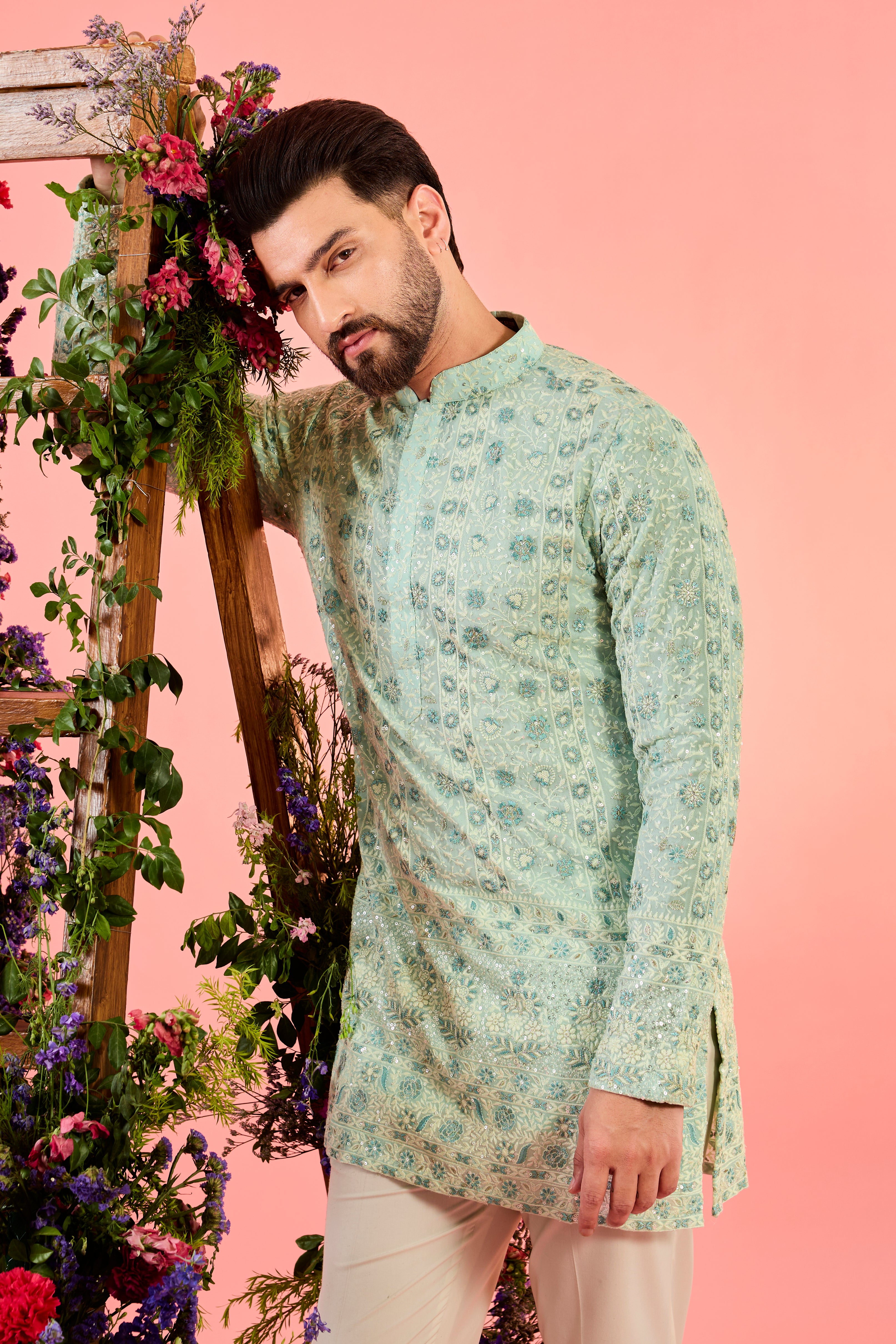 blue chikankari short kurta with floral embroidery