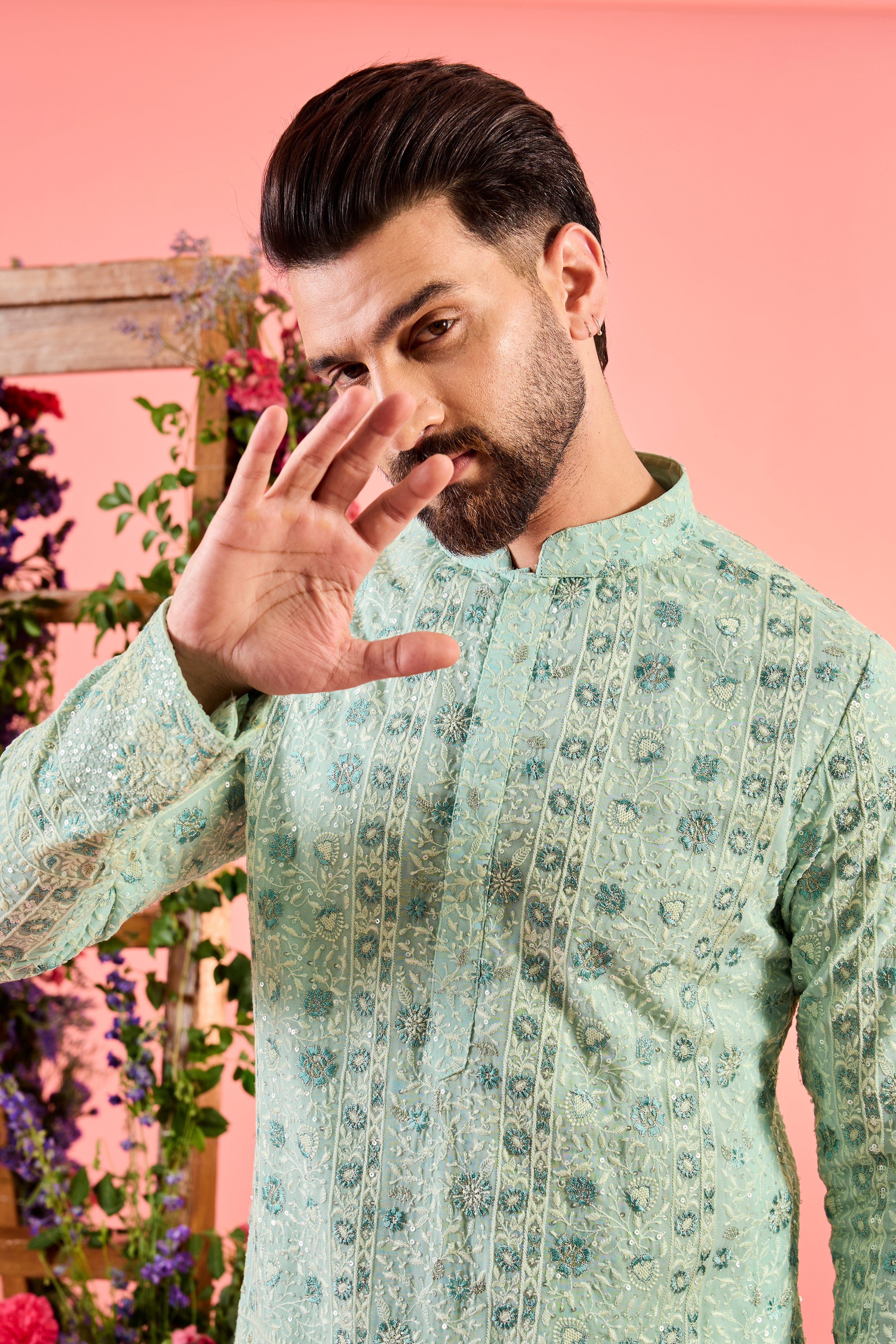 blue chikankari short kurta with floral embroidery