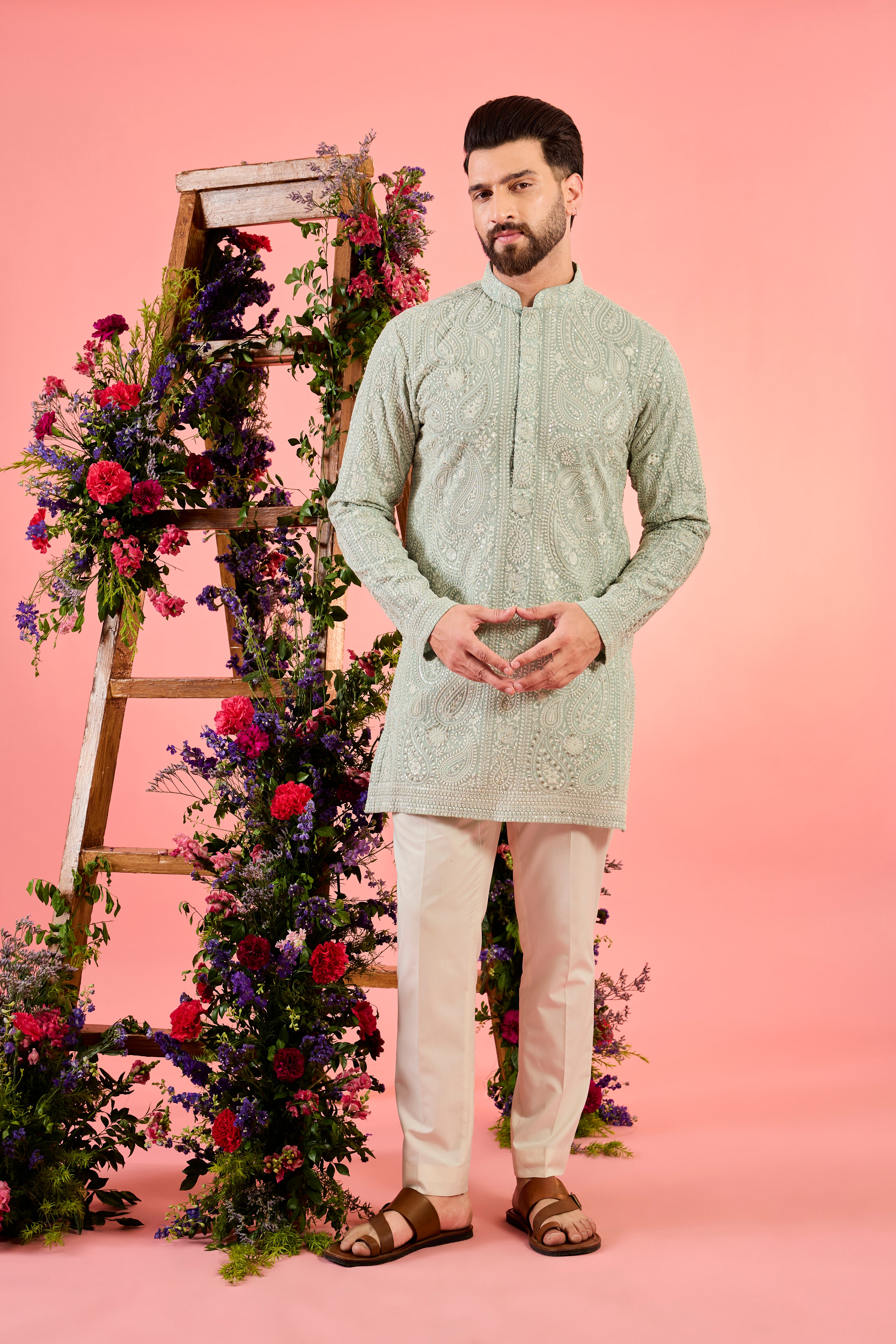 blue chikankari short kurta with floral embroidery