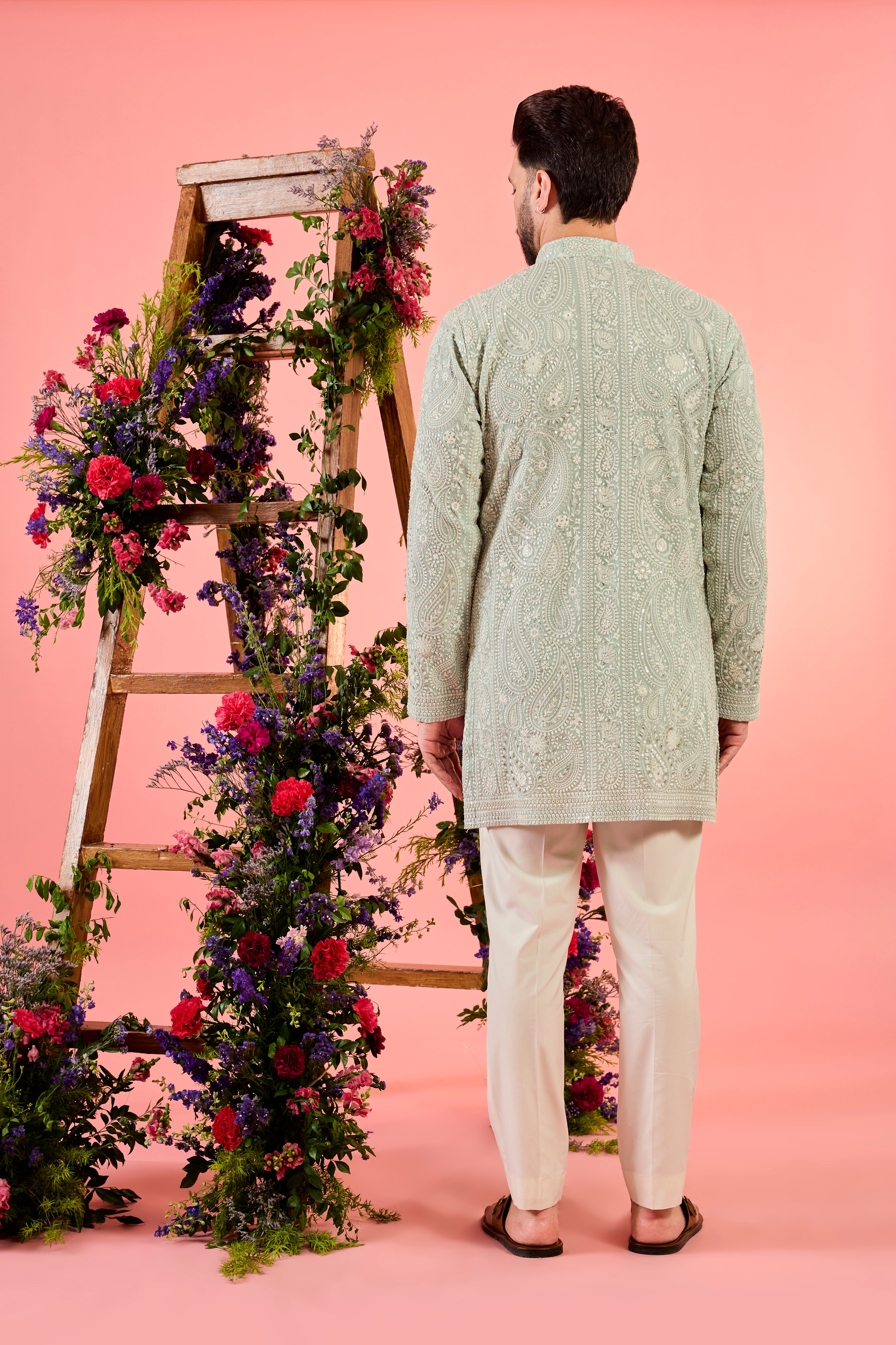 blue chikankari short kurta with floral embroidery