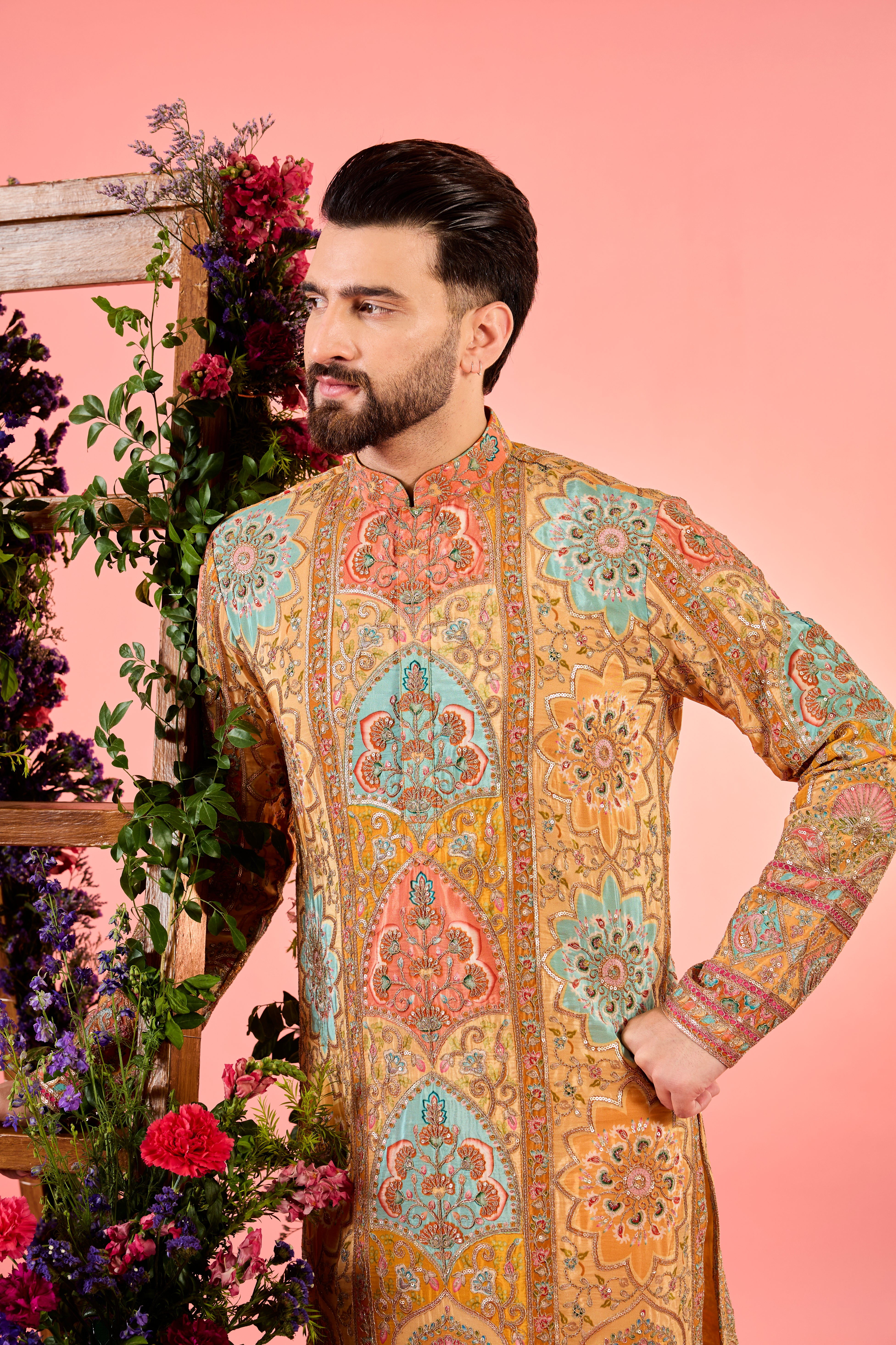 mustard chikankari kurta with intricate multi coloured floral embridery