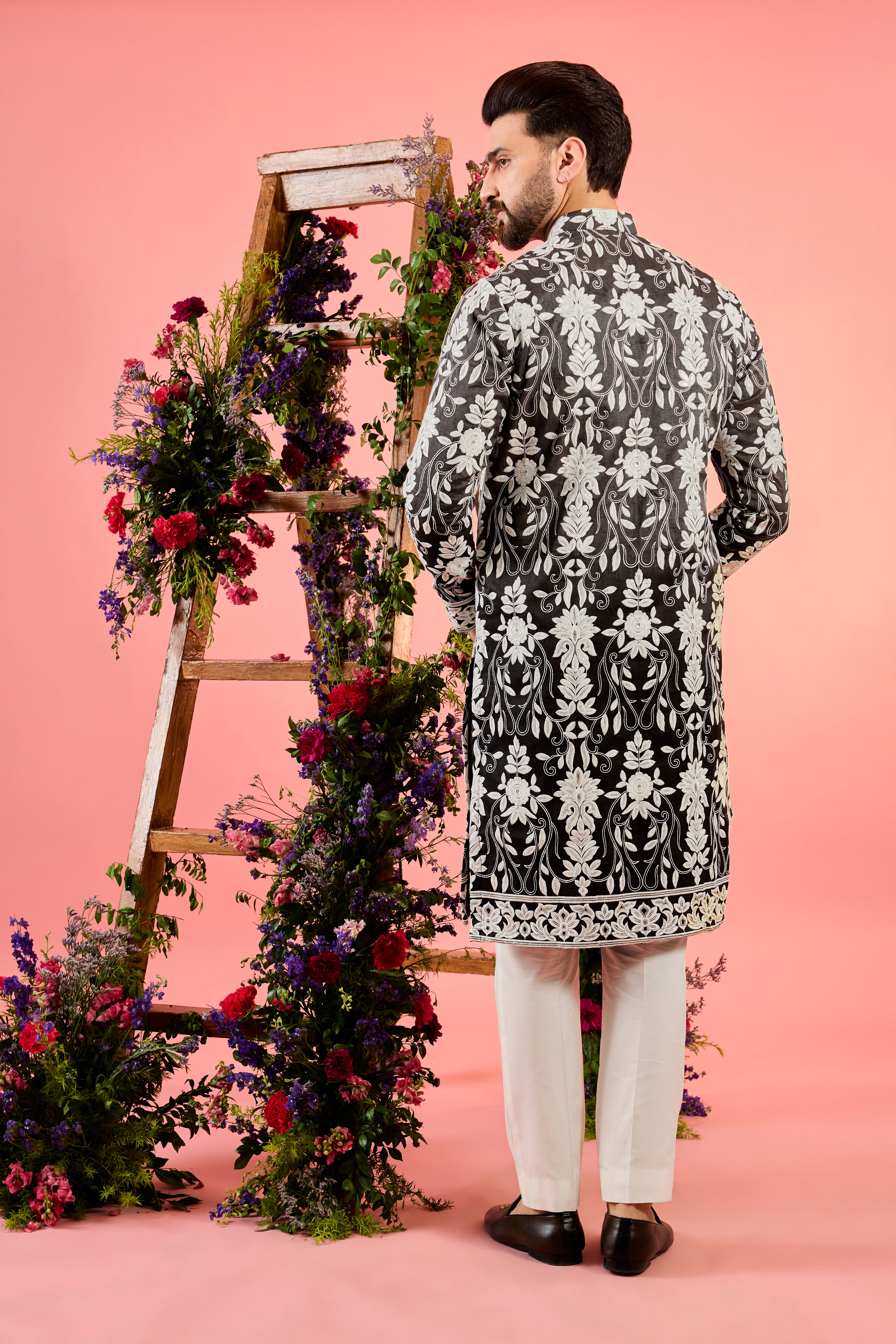 grey- black ombre shaded floral chikankari kurta