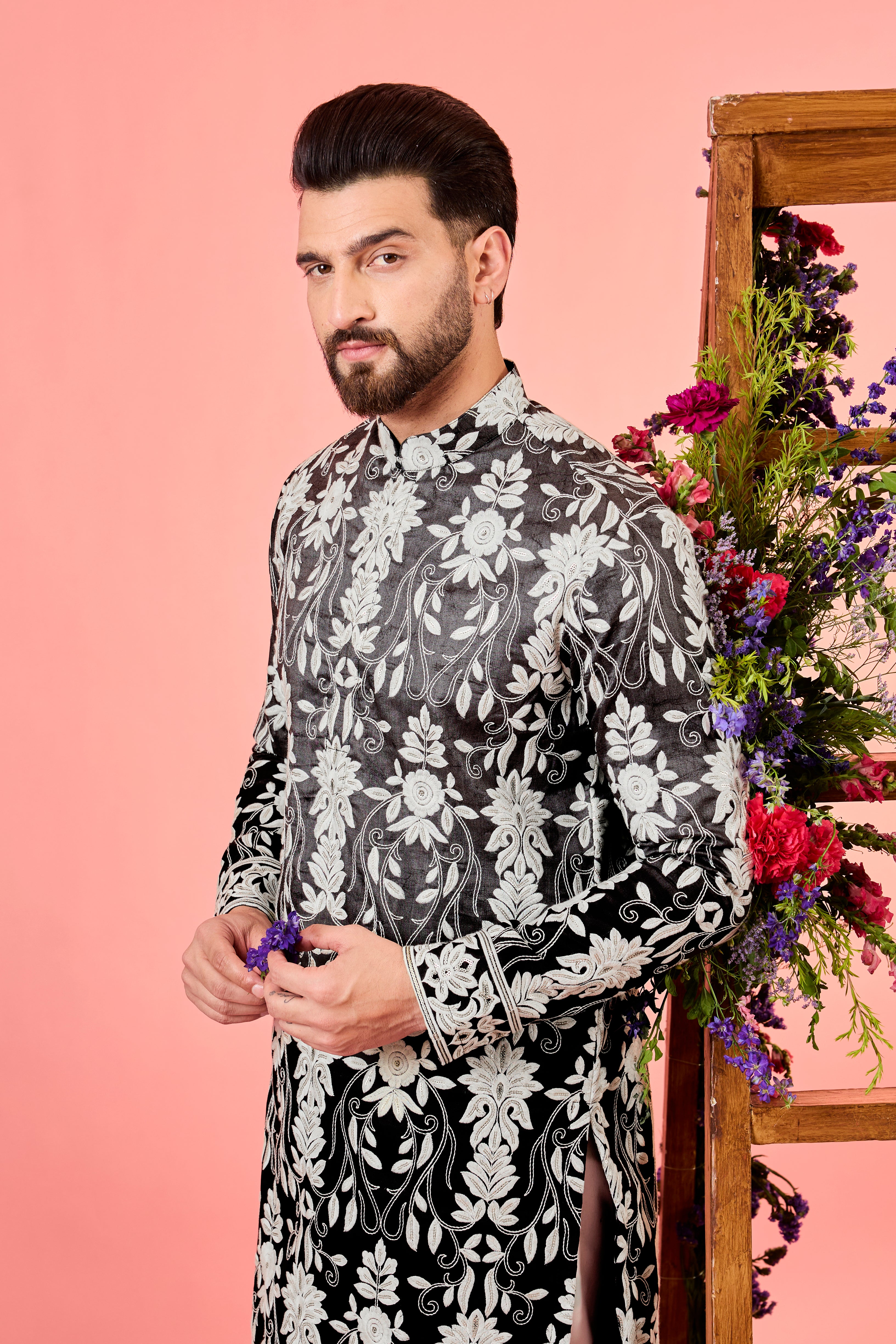grey- black ombre shaded floral chikankari kurta