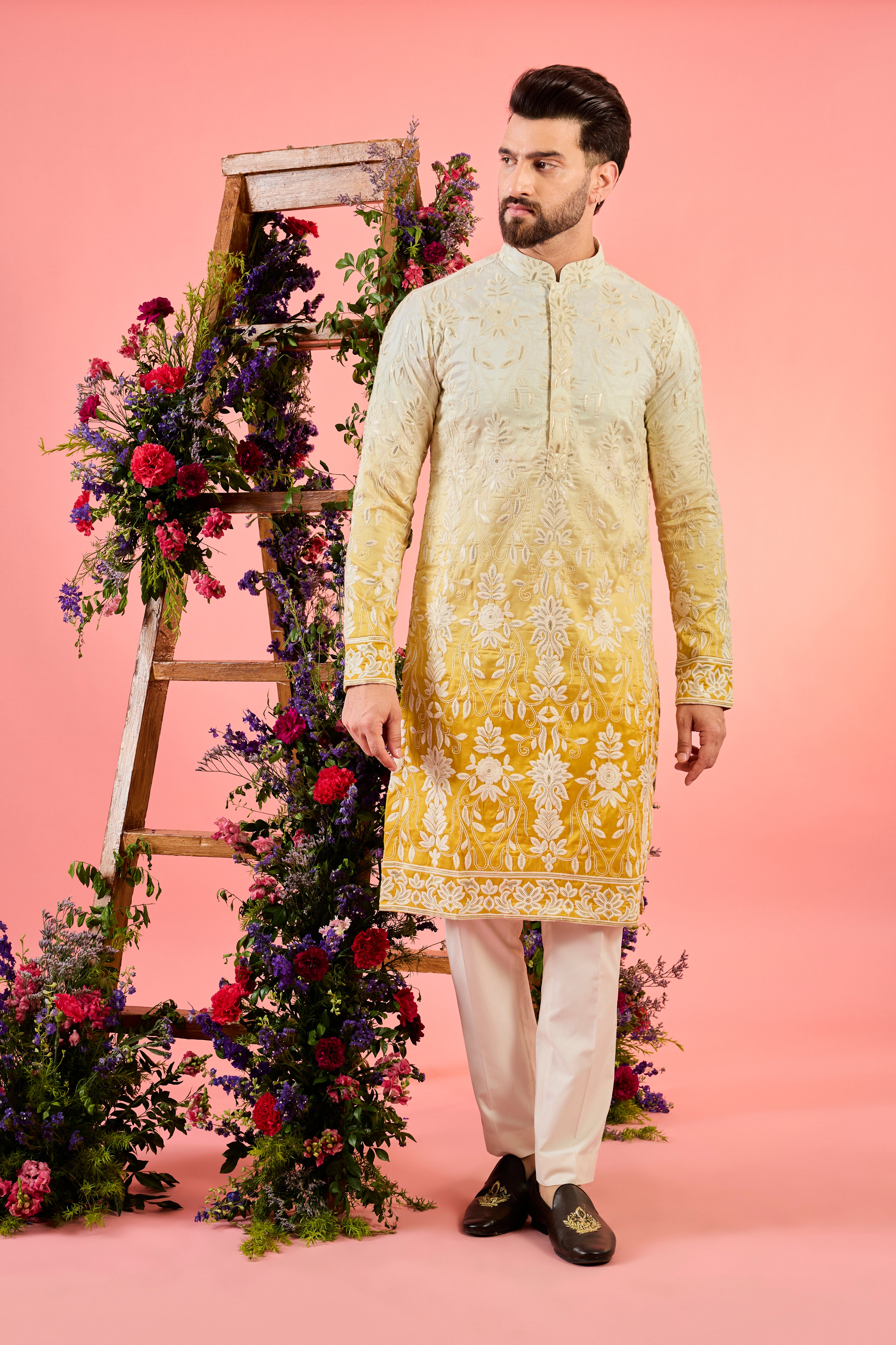 yellow ombre shaded mirror work kurta